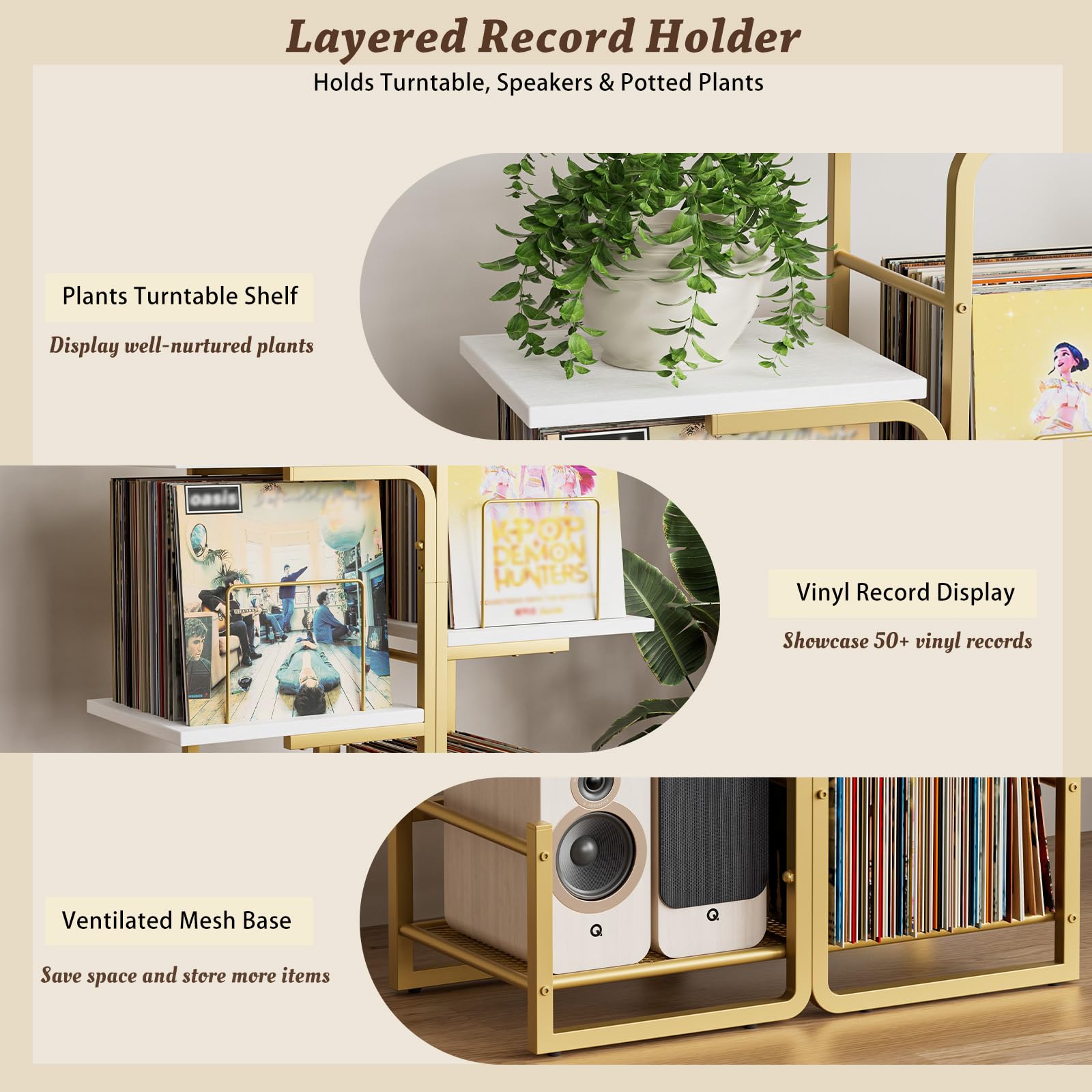 Bikoney Plattenspieler Ständer mit Vinyl-Stauraum & LP-Ablage - Gold | Vinyl-Display & Ständer mit Pflanzendesign für Wohnzimmer, Großer LP-Stauraum & Tisch Ideal für Kleine Räume