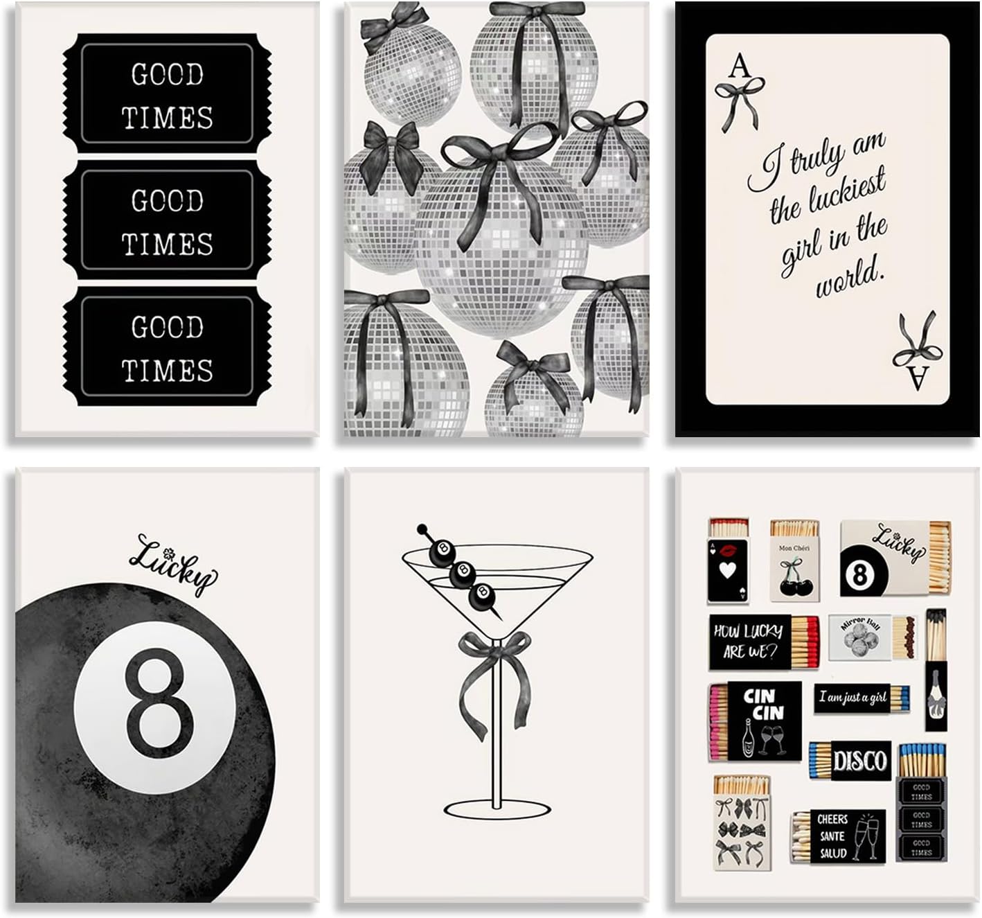 Fashion Black White Preppy Wall Art Funky Bows Disco Lucky 8 Balls Matchbox Picture Wall Decor Vintage Tickets Ace Painting Prints Martini Cocktail Y2K Posters Artwork for Girl Room Dorm Framed