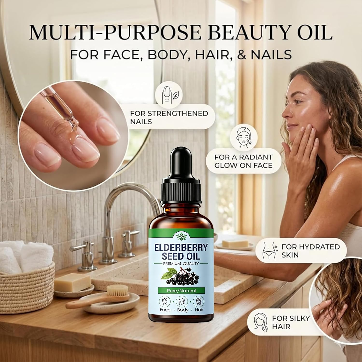 Elderberry Seed Oil, Cold Pressed Elderberry Seed Oil, Pure Sambucus Nigra Extract - Fast Absorbing Lightweight Moisturizing Serum for Face, Skin, Hair, Nails (2)