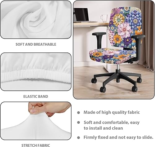Miniatura 5 de Funda para silla de oficina con diseño floral bohemio, funda para silla de escritorio, sin brazos, fundas para sillas de computadora, 2 piezas, tela
