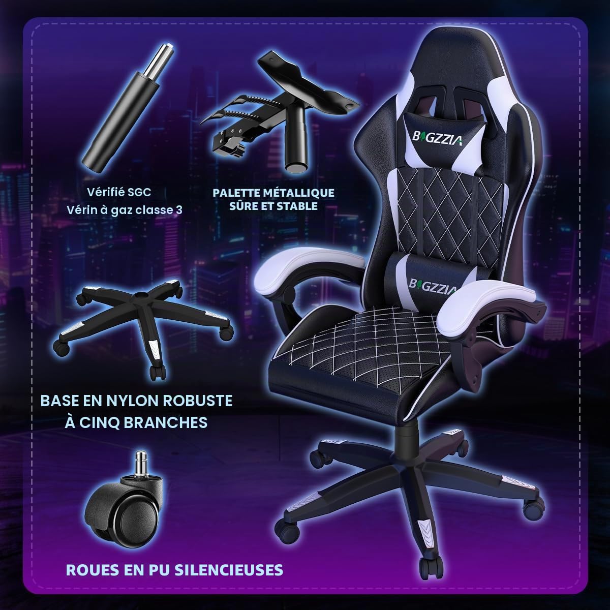 bigzzia Chaise Gaming,Fauteuil de Bureau, Ergonomique Chaise de Gaming, Coussin de Tête Ajustable, Support Lombaire, Capacité de Charge de 150 kg