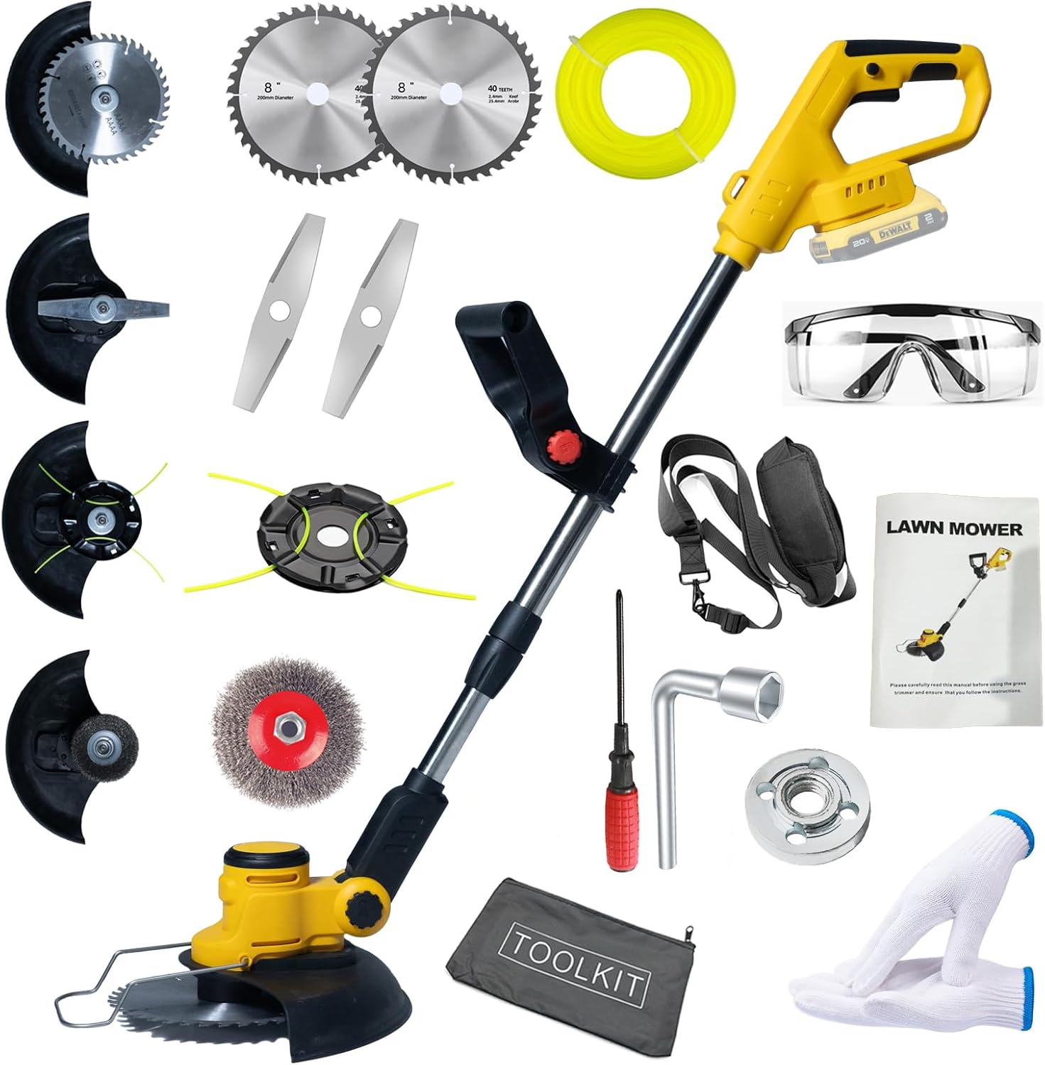 electric weed wacker cordless for dewalt 20 v battery, 4-in-1 battery-powered mower, lightweight cordless weeder for lawn, yard and brush mowing (battery free, yellow)