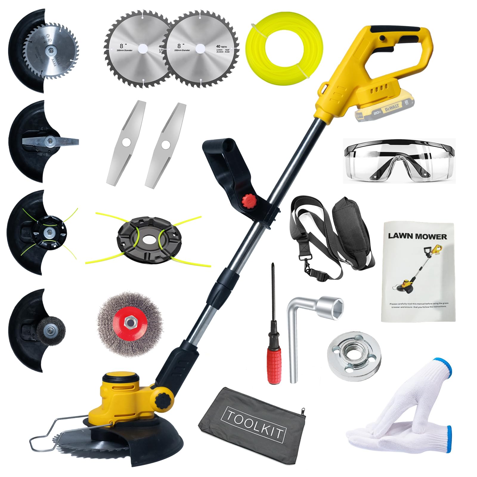 electric weed wacker cordless for dewalt 20 v battery, 4-in-1 battery-powered mower, lightweight cordless weeder for lawn, yard and brush mowing (battery free, yellow)