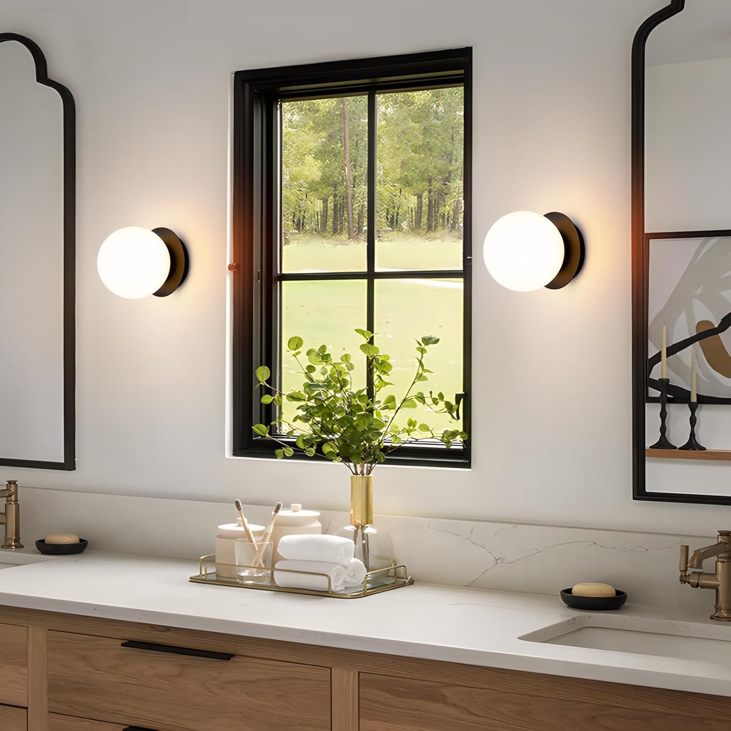 Wall Sconce Set of 2, Modern Matte Black Wall Light Fixtures, Globe Glass Wall Sconces, Milk Glass Shade Ball Vanity Light for Bathroom Mirror, Living Room, Hallway, Entryway