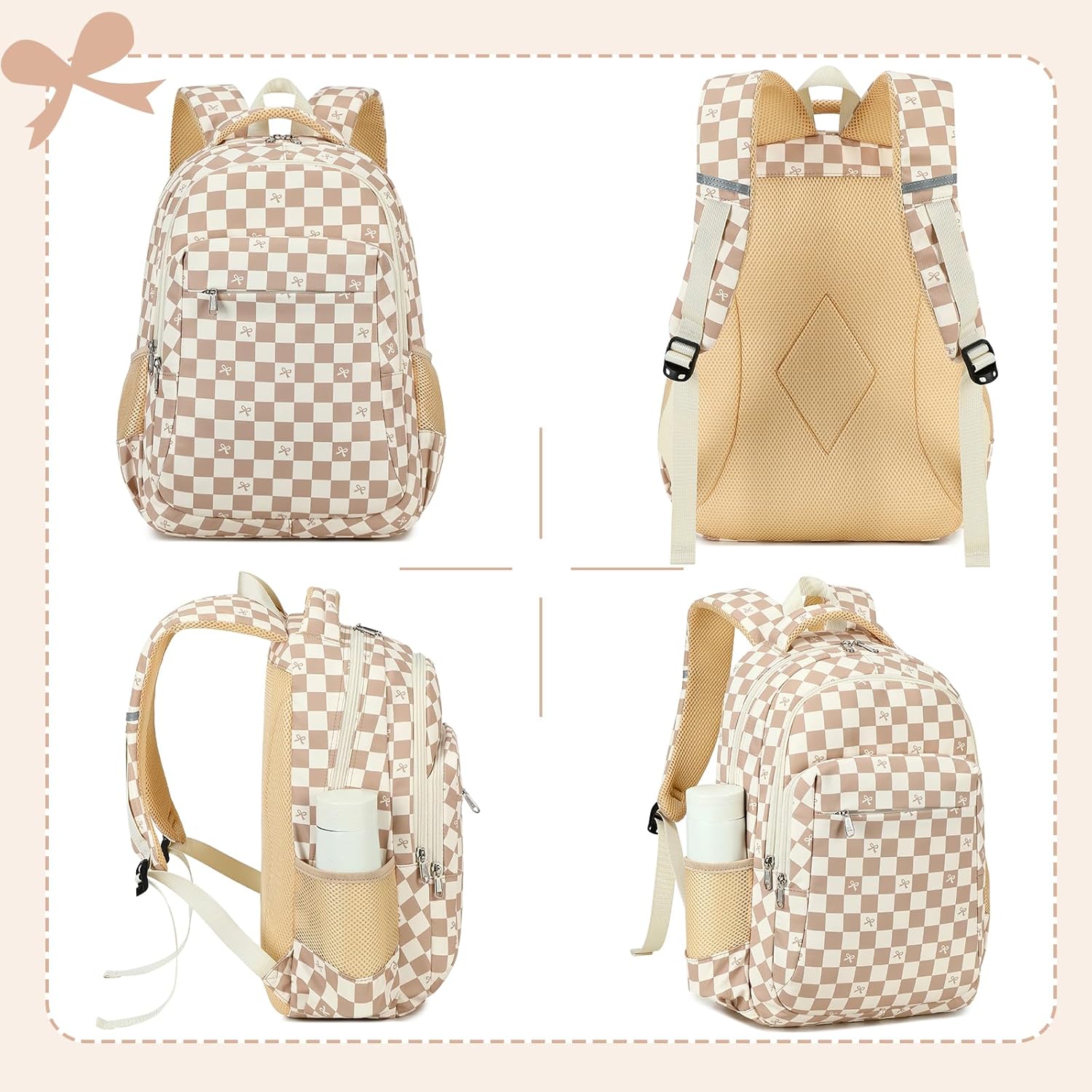 LEDAOU School Backpack Teen Girls Boys Kids Bookbag Elementary Middle School Bag for 6-14 (Brown Bow Checkered)