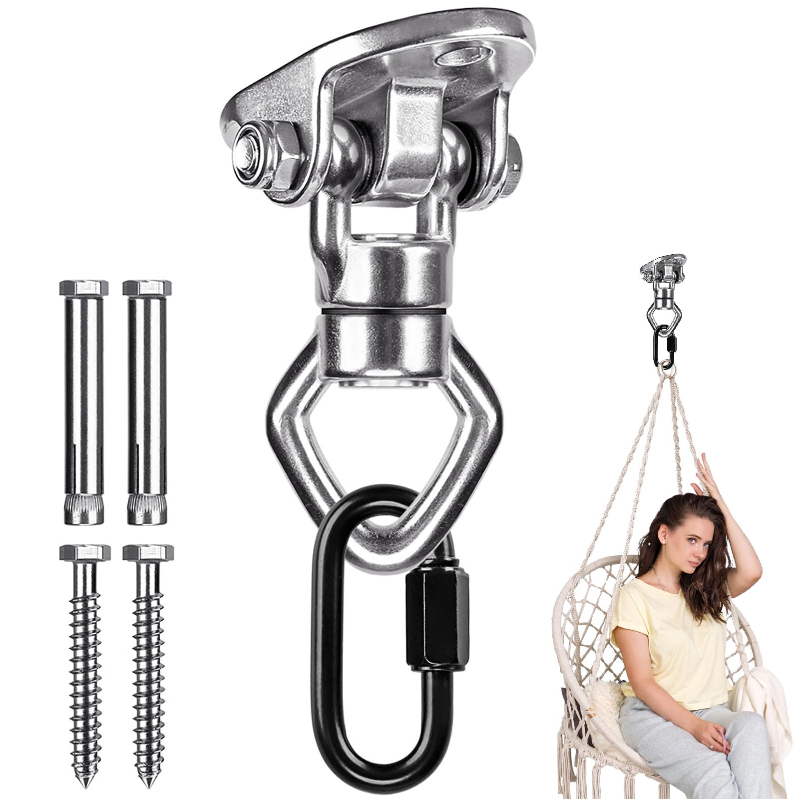 Swing Hanger Ceiling Mount with Double Bearing Hanging Chair Hanger 900 LB Capacity Stainless Steel Hammock Hardware 360° Swing Hook for Aerial Silks, Punching Bag, Hanging Chair, Gymnast Ring