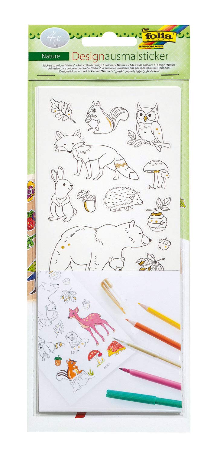 folia 1490 Design Nature, Paper Stickers for Colouring, with Glitter appliqué, 4 Sheets of Assorted Motifs, Approx. 10 x 23 cm