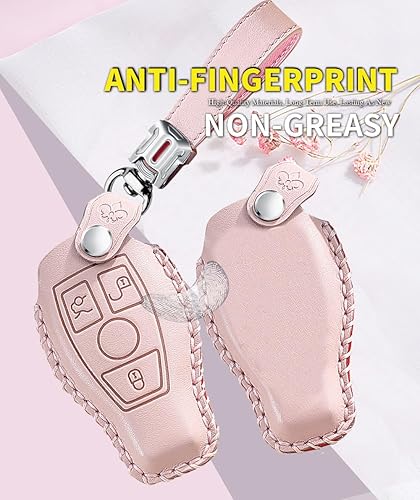 Miniatura 3 de ontto 3 botones para llavero de automóvil de cuero para Mercedes-Benz Clase A C E S G M V Class CLA CLS GLA GLC GLE GLK GL GLS SL SLK SLC Viano Rosa