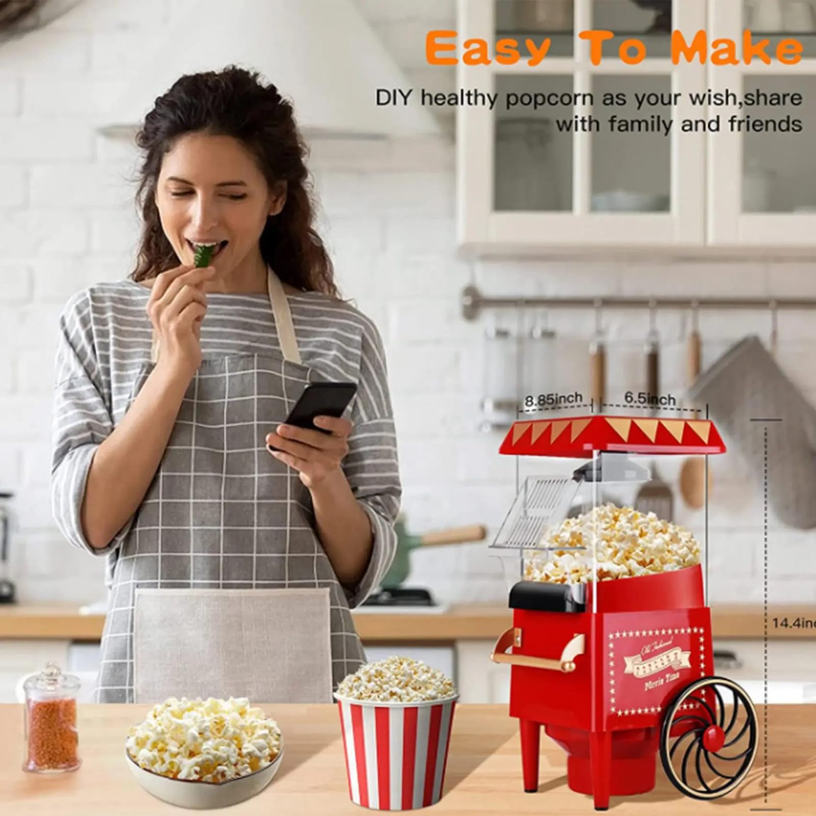 Carrello per Popcorn, Macchina per Popcorn ad Aria Calda, Macchina per Popcorn elettrica retrò, Snack sani e veloci per riunioni di Famiglia, Vacanze e Serate di Cinema