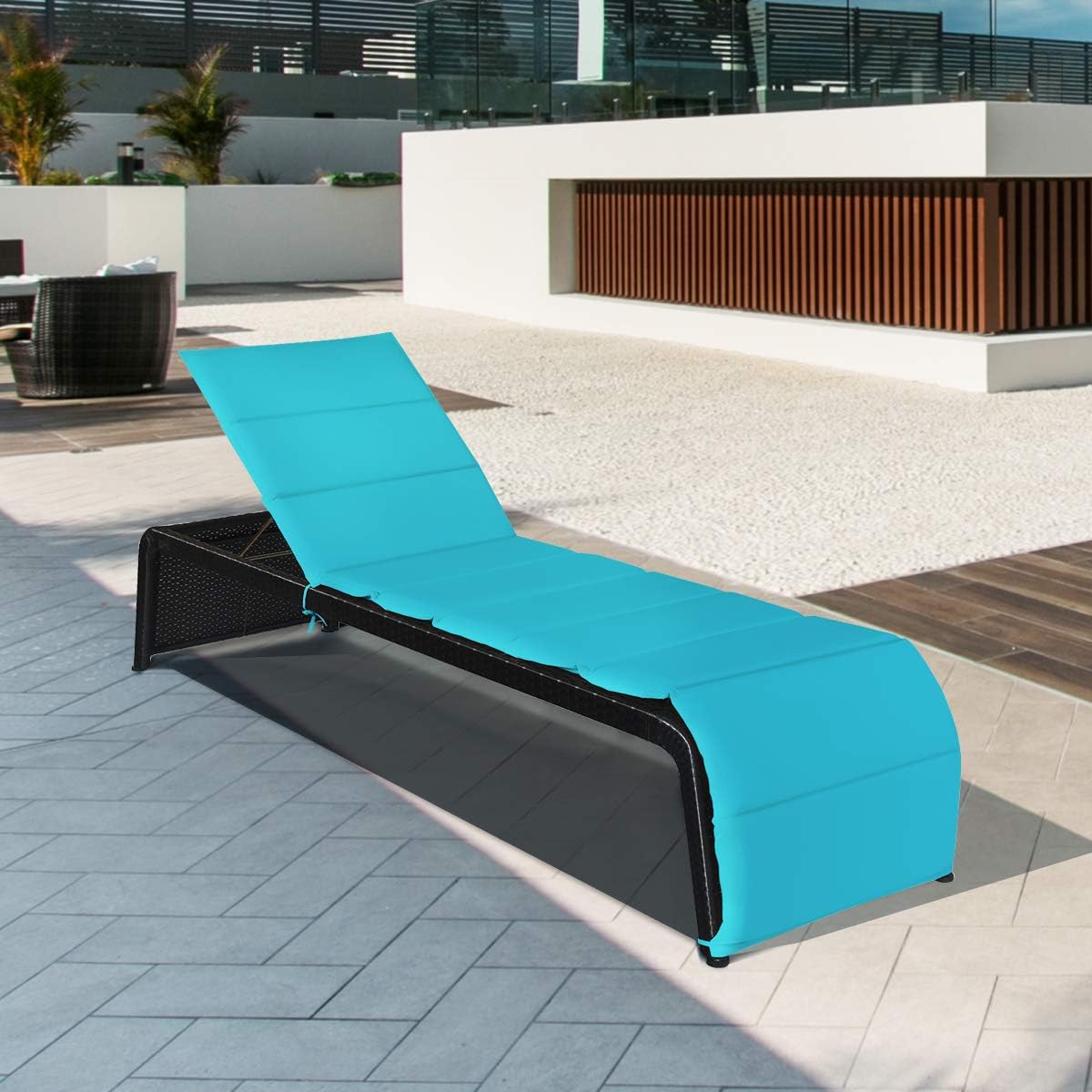 COSTWAY Patio Rattan Lounge Chair Cushioned Chaise Recliner Chair with Adjustable Back Garden Backyard Poolside Turquoise