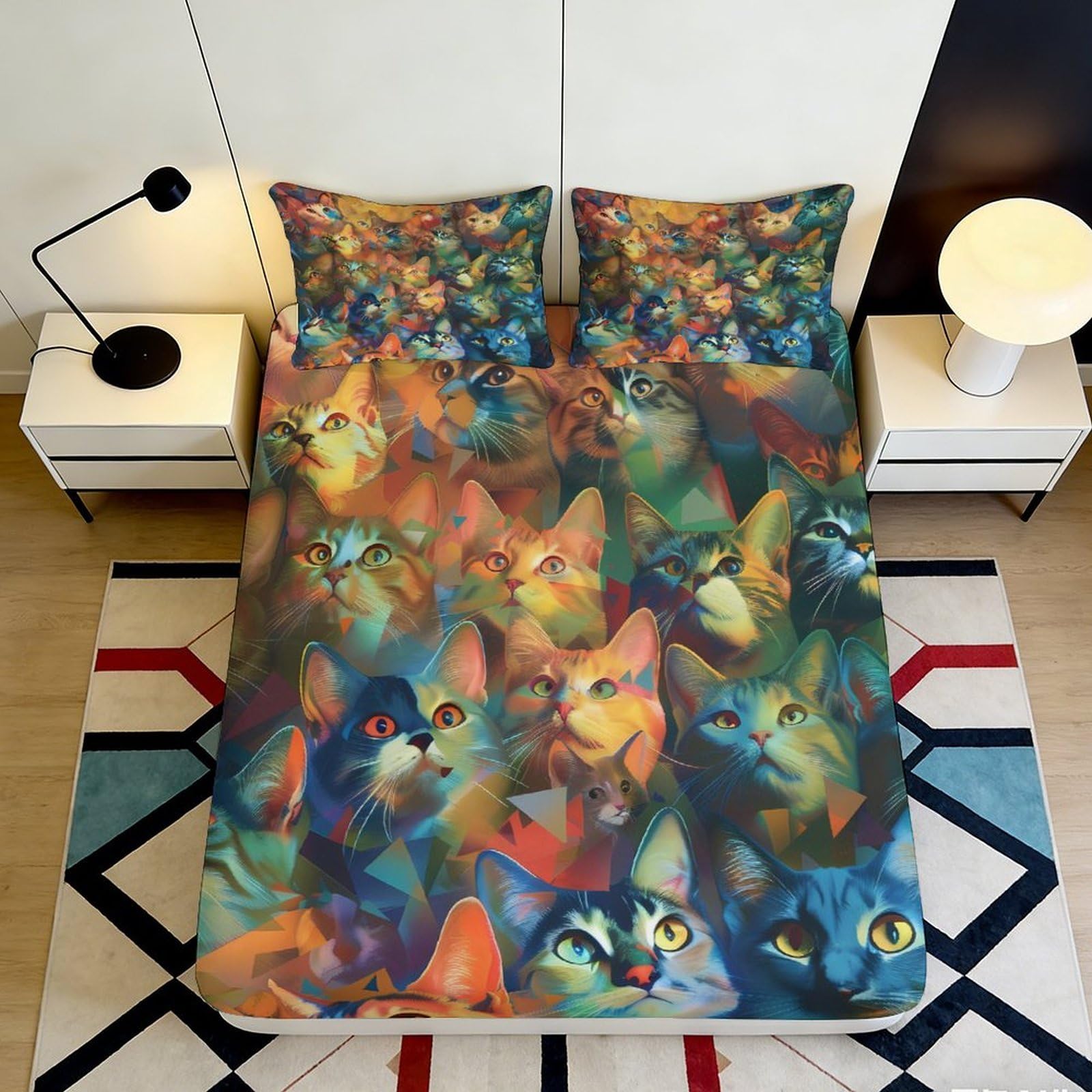 Pnayamiorkfel Style-4 3D Printed Colorful Cat Fitted Sheet Microfiber Soft Anti-Slip Artistic Cat Faces Bed Sheet For Bedroom Guest Room 90X200x25cm
