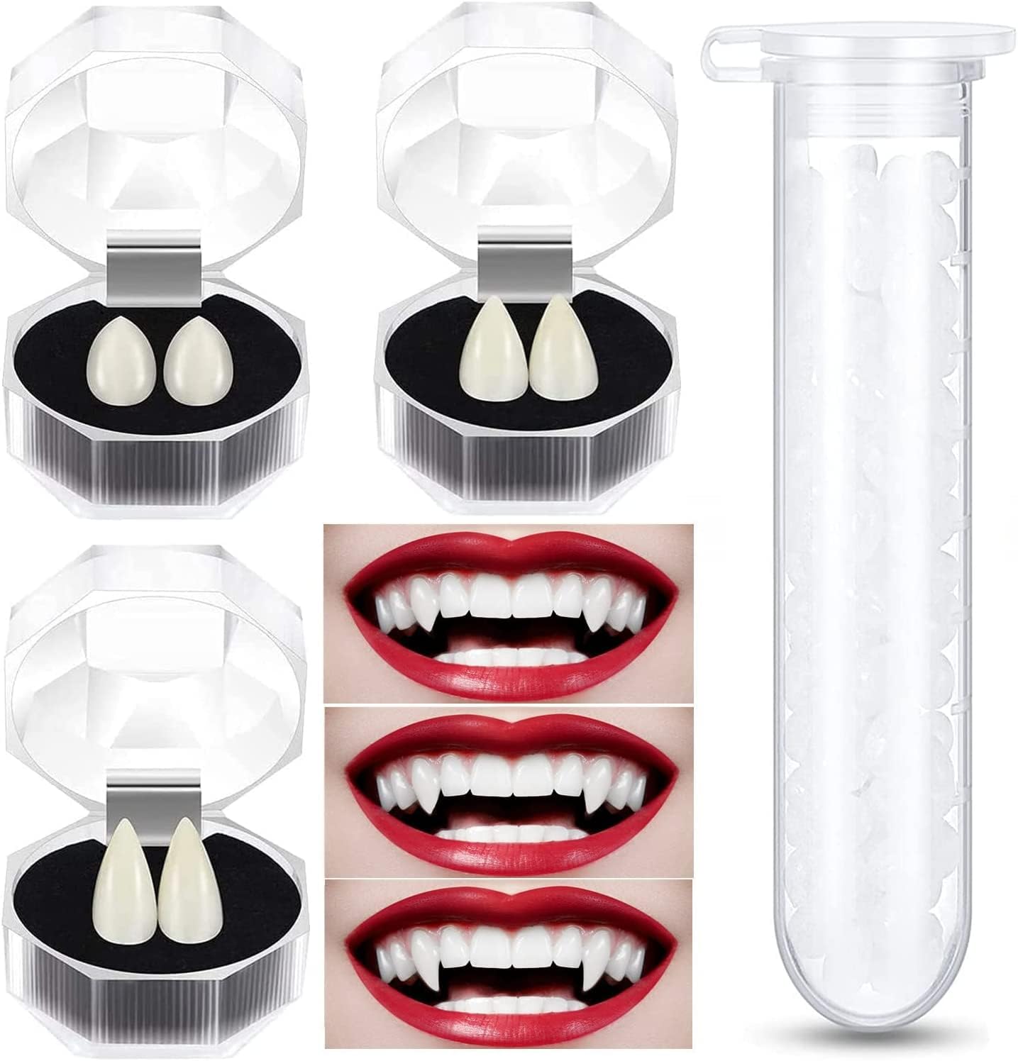 QA Vampire Teeth, 3 Sizes Custom Vampire Fangs Fake Dentures with 1 Tube Teeth Pellets Adhesive, Cosplay Accessories for Halloween Christmas Party (3 pairs)