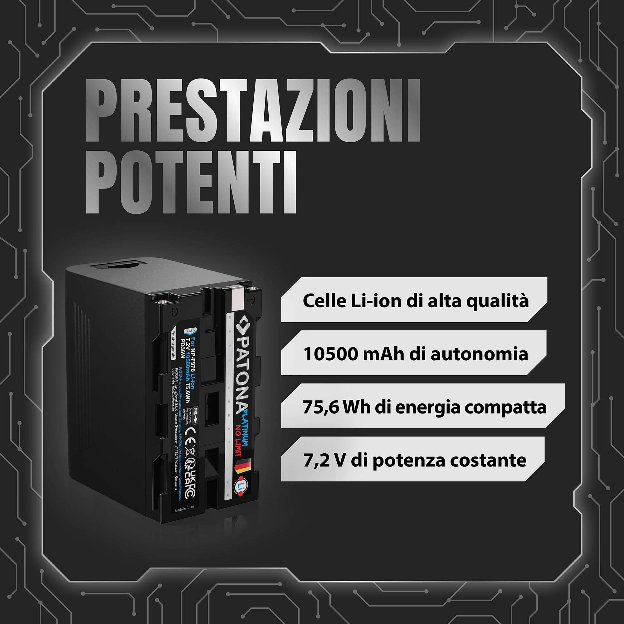 PATONA Batteria Platinium USB PD36W per Sony NP-F970 F960 F950 10500mAh