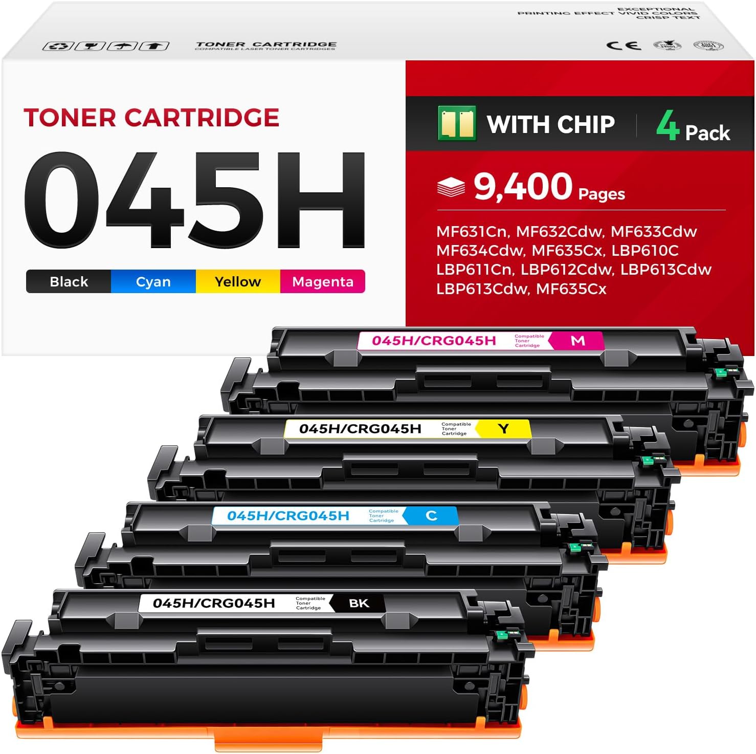 045H Toner Cartridge Set 4-Pack High Yield Replacement for Canon 045 045H Compatible with Canon Color imageCLASS MF634Cdw MF632Cdw LBP612Cdw Printer Ink MF634 MF632 LBP612 Black Cyan Yellow Magenta