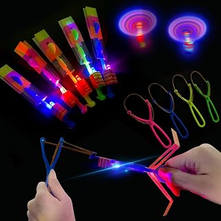 KATELUO Helicóptero Vuelo Juguete, 12 Piezas Helicóptero Noche Volando Juguete, Lanzador de Cohetes, LED Elastic Powered Sling Shot Heli, Niños y Adultos, para Actividades y Juegos al Aire Libre