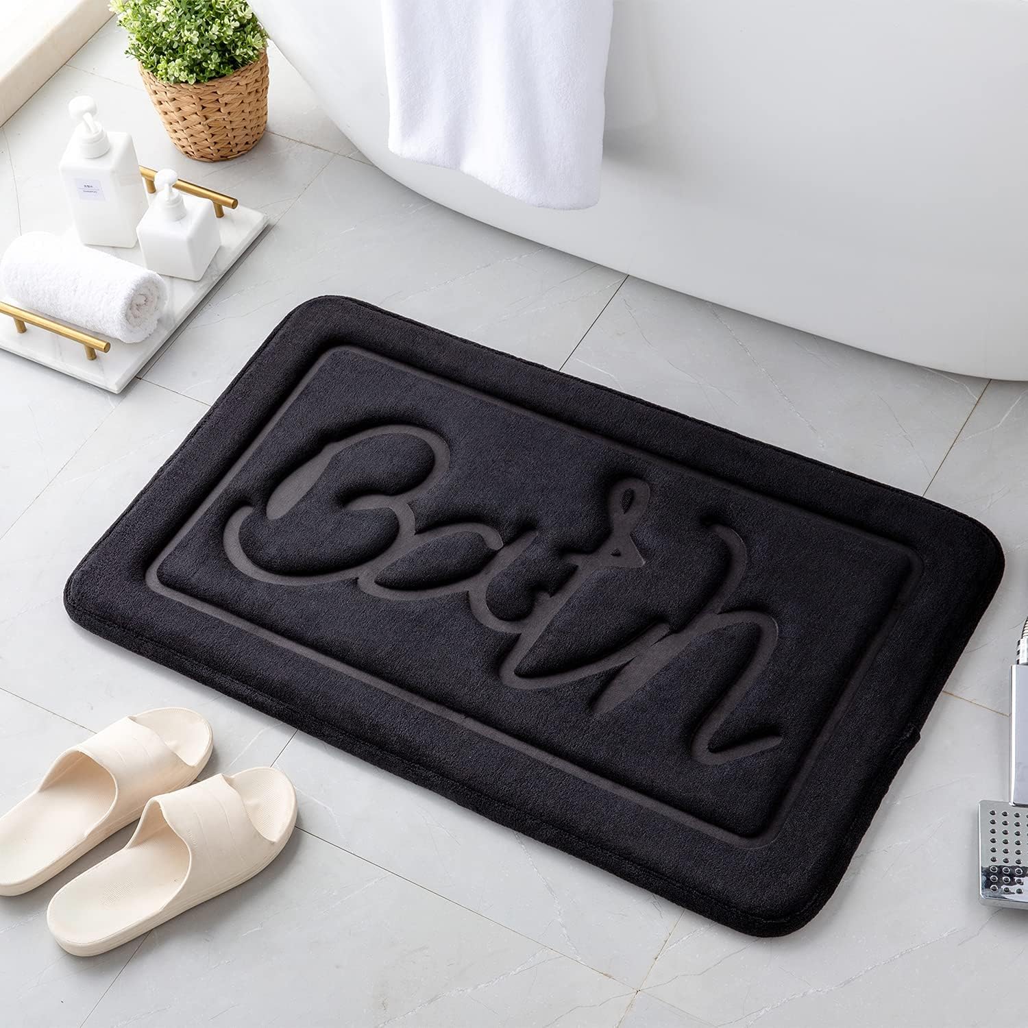 Memory Foam Black Bath Mat Velvet Bathroom Rug Carpet Non