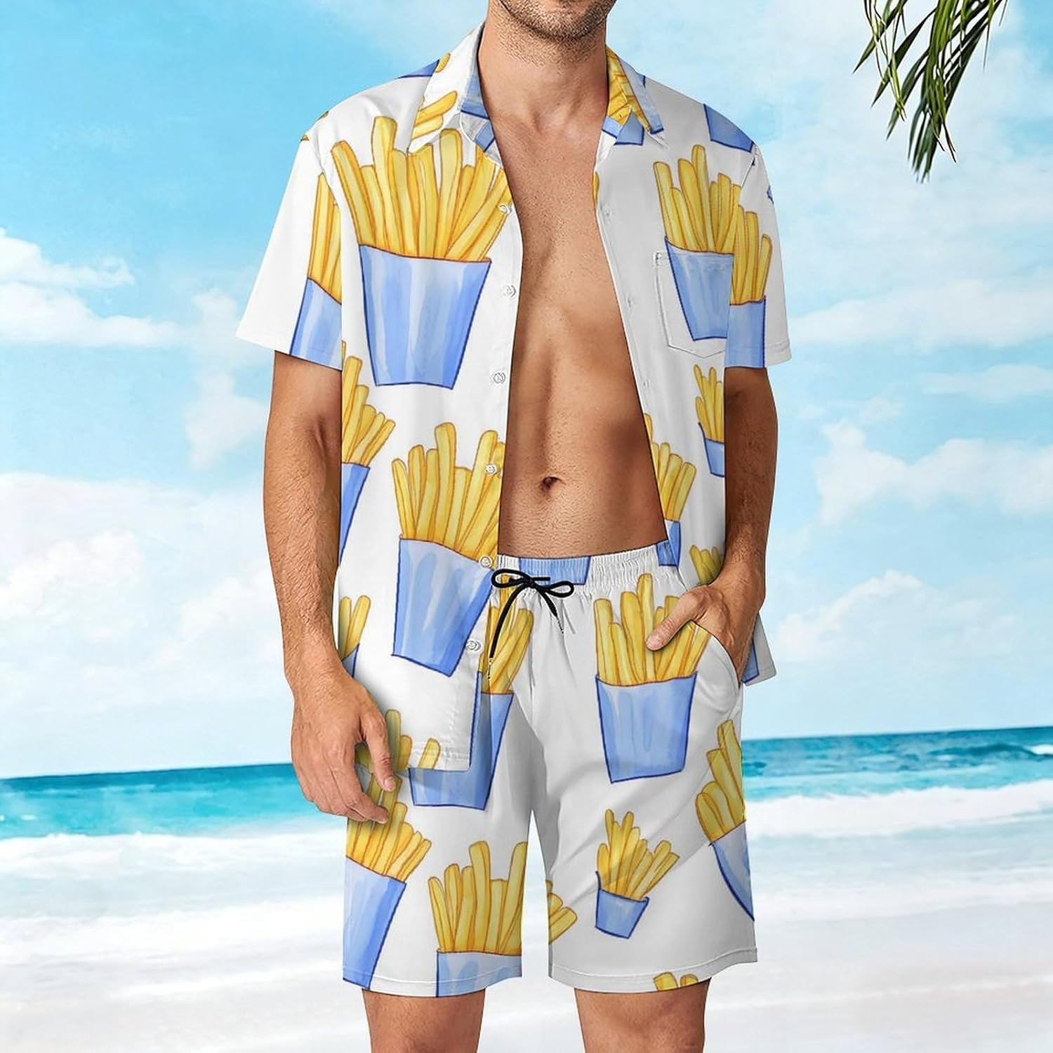 French Fries Blue Box Men's Summer Beach 2 Piece Outfits | hawaiian button down shirt and shorts,vacation cruise,mens bathing suit