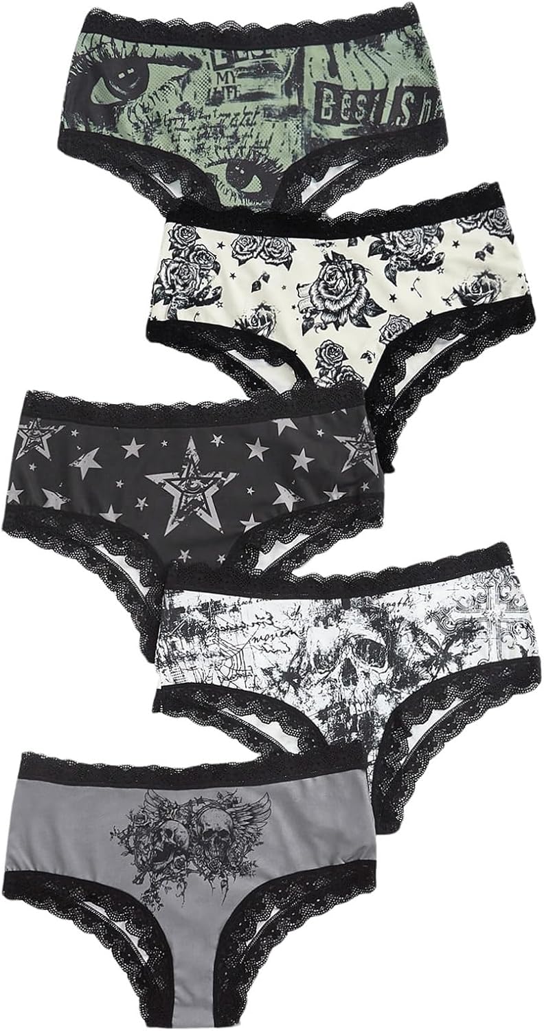 WDIRARA Women's 5 Pack Set Goth Graphic Print Mesh Sheer Lace Trim Mid Rise Underwear Briefs