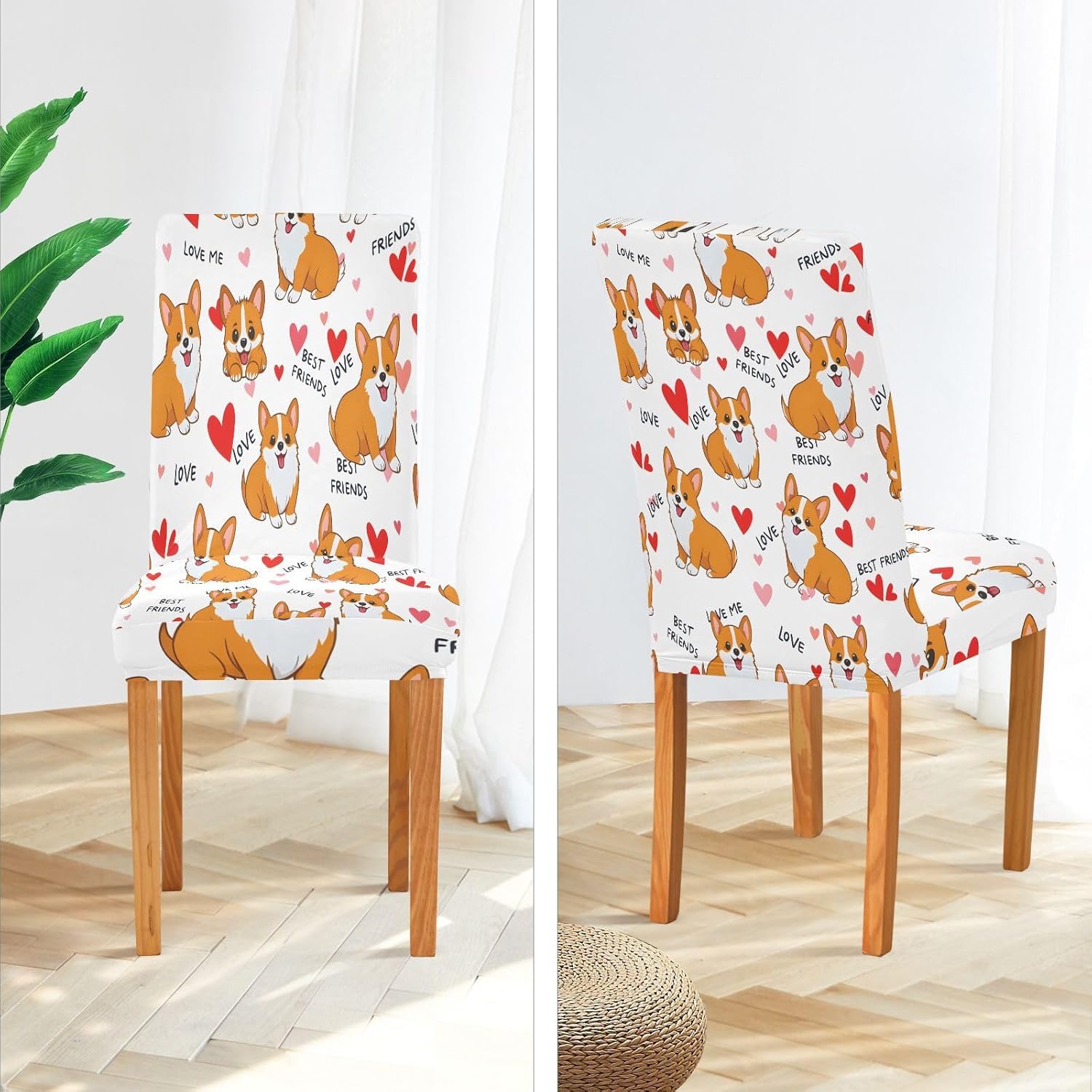 ALAZA Chair Covers for Dining Room, Corgi and Heart Pattern Stretch Chair Cover Sets Chair Protector Removable Washable for Ktichen Restaurant Hotel