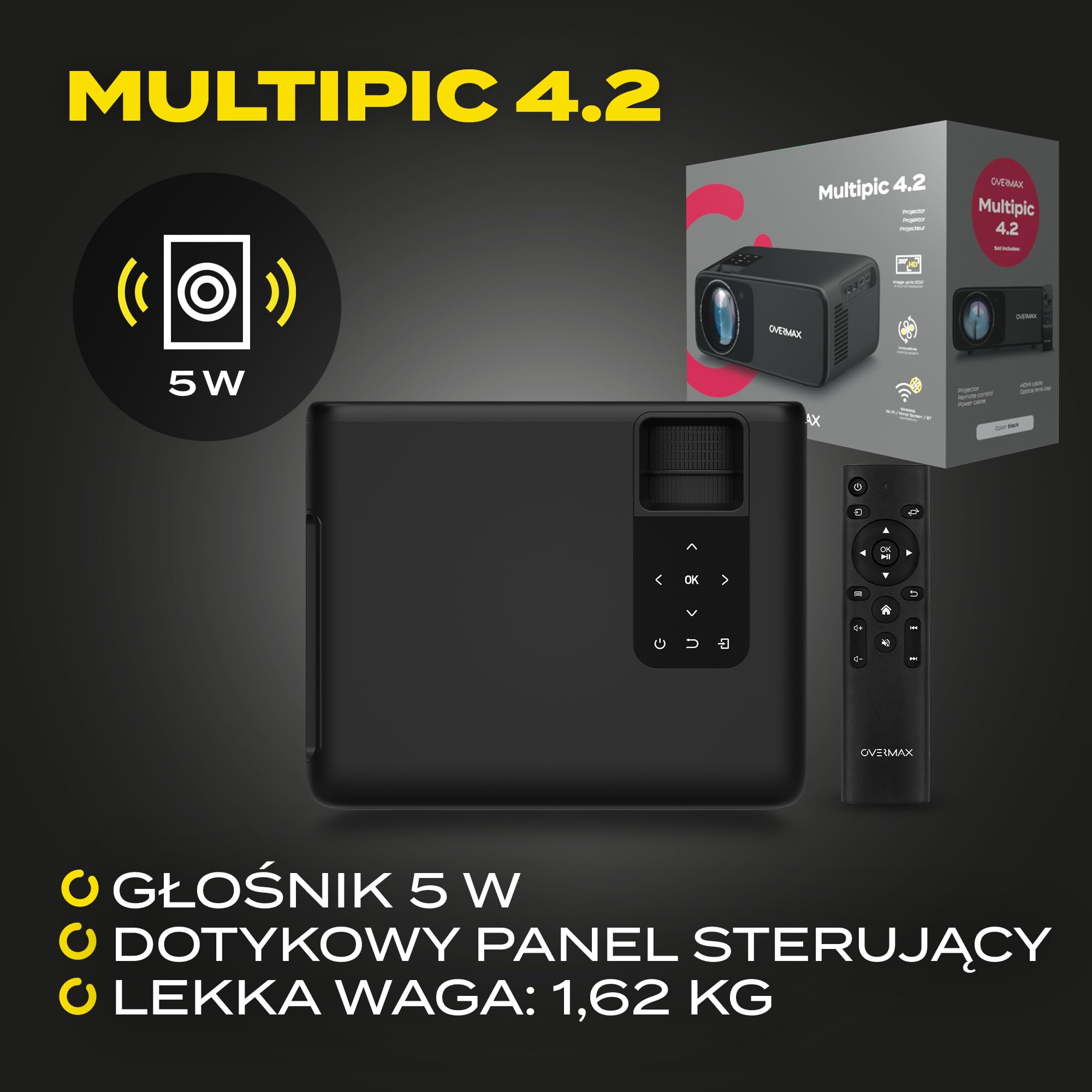 Overmax Multipic 4.2 Full HD 1080p projektor LED 200", 4500 lumenów, system 4-soczewkowy, WiFi 2.4 5G BT HDMI, USB głośnik 360°, rotacja obrazu, przeżyj EURO 2024 i wieczory kina domowego w