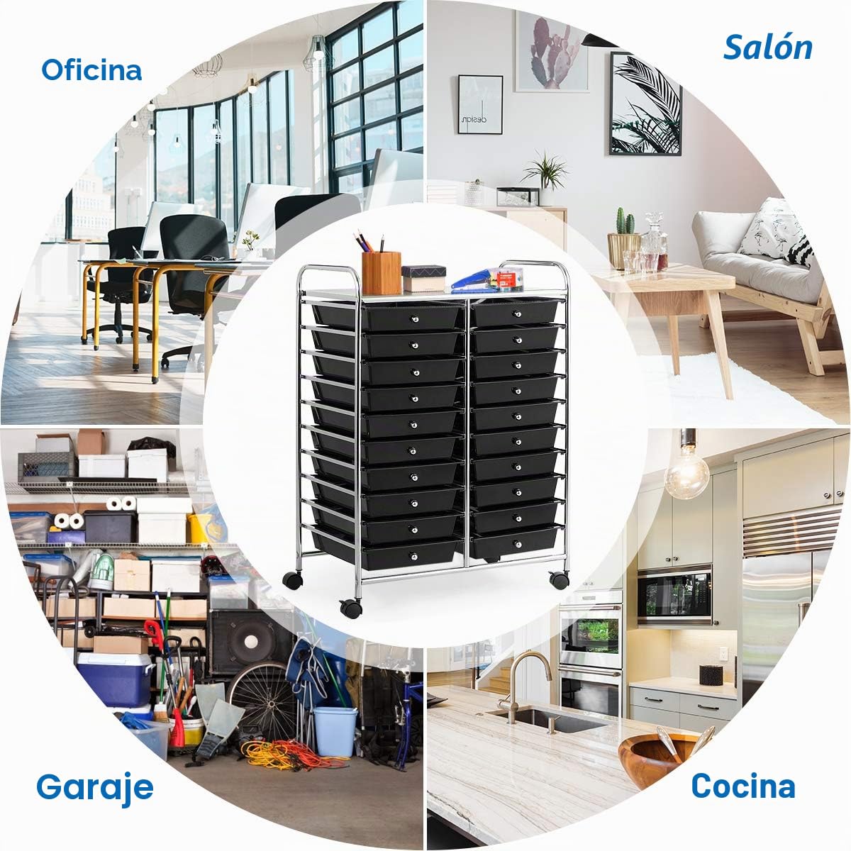 RELAX4LIFE Carrito de Almacenamiento con 20 Cajones y 1 Estante Superior, Carrito Auxiliar de 10 Niveles con 4 Ruedas Universales y 2 Frenos, Carro Multiusos para Baño, Cocina, Salón (Negro)