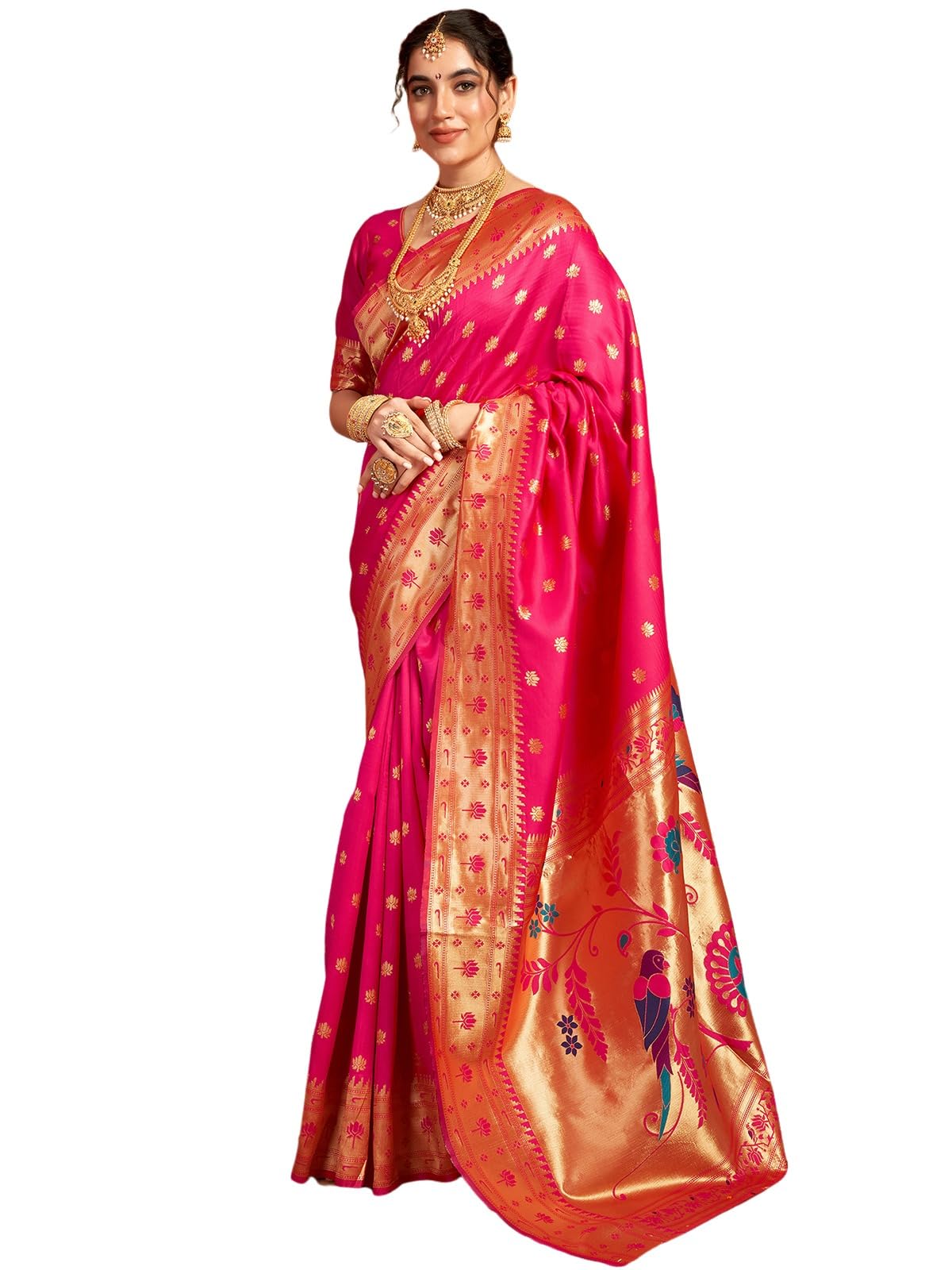 Satrani Women's Silk Paithani Jacquard Weaving Saree With Unstitched Blouse Piece (4046S6300N_Rani Pink)