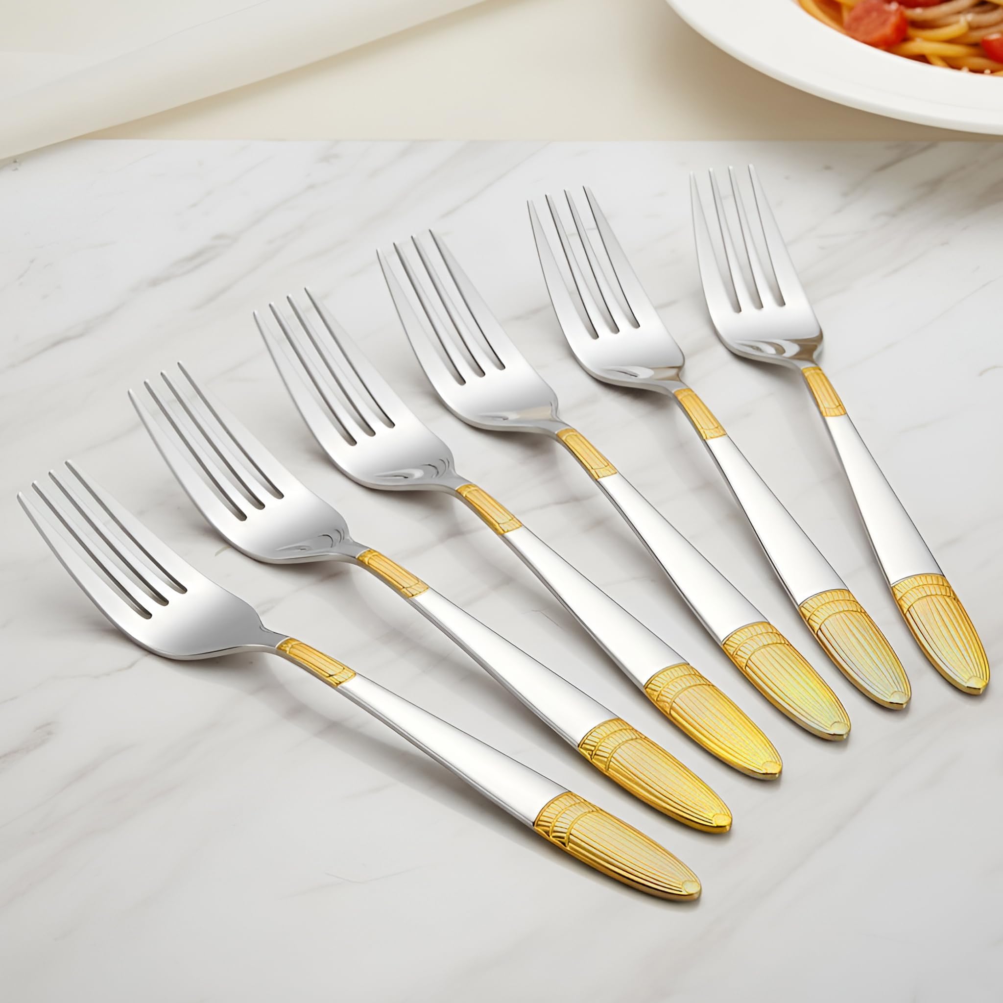 Parage 6 Pieces Stainless Steel 24k Golden Dinner Forks Set, 16 cm Premium Cutlery Set for Home & Kitchen, Luxury Dining Tableware Gift for House Warming,24 Karat Gold Plated Forks, Ivory Design