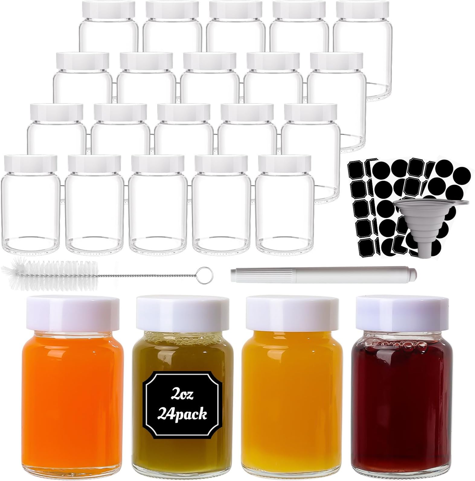 HYCKee 24 Pack 2oz/60ml Glass Juice Bottles with Lids, Mini Glass Ginger Bottles with Funnel, Chalk Labels and 1 Pen,Wellness Bottles for Juice Oil, Small Glass Bottles with Lids for Liquid