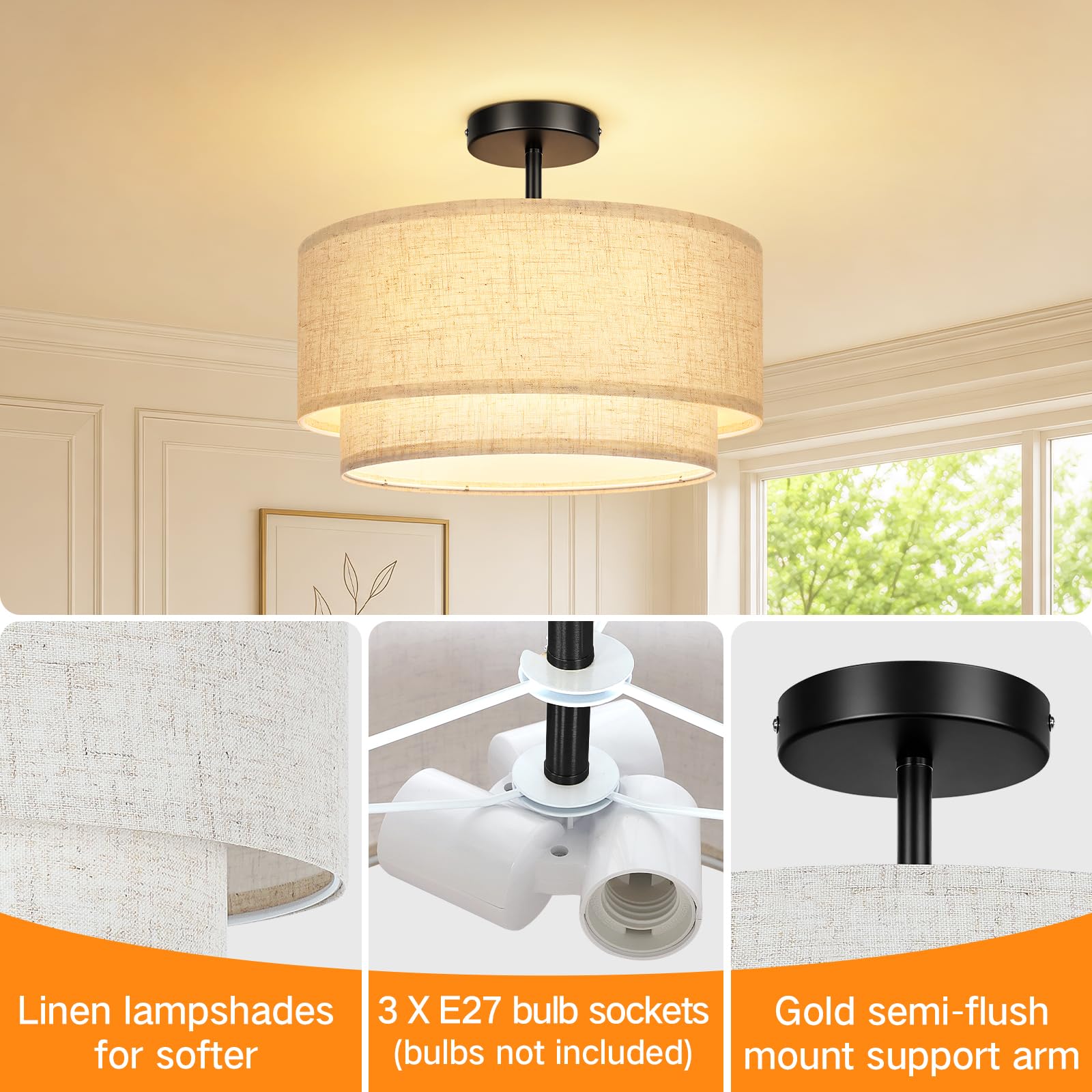 OUTON Plafoniera con Paralume in Tessuto, 3 Luci, Nera, Ø 40,6 cm | Doppio paralume in lino con diffusore interno, 3 attacchi E27, compatibile con lampadine dimmerabili, per ambienti interni