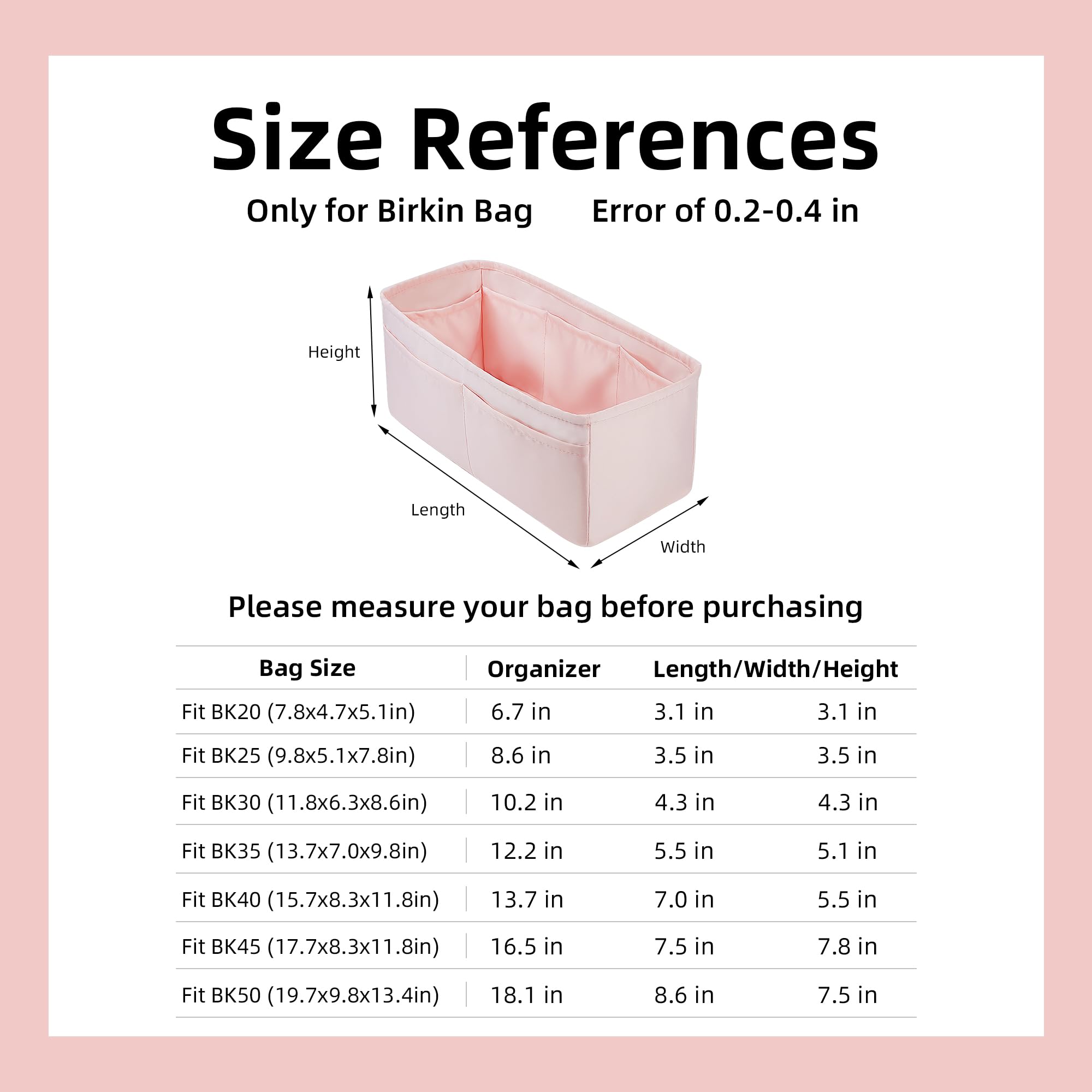 DGAZ Organizador de Bolso de Seda Premium, Inserto Ligero para Birkin 20/25/30/35/40/45/50, Forro Interior Elegante que Protege y Organiza (Rose Sakura, BK30)