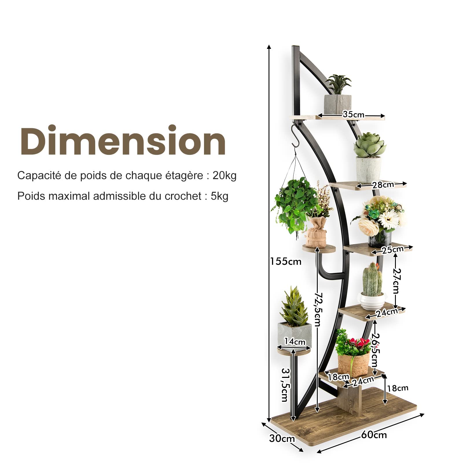 RELAX4LIFE Estantería para Plantas de 5 Niveles con Marco de Hierro y Gancho, Soporte Plantas Interior de Forma Media Luna para Salón, Balcón, Carga 20kg por Tabla, 60x30x155cm (Natural-2 Piezas)