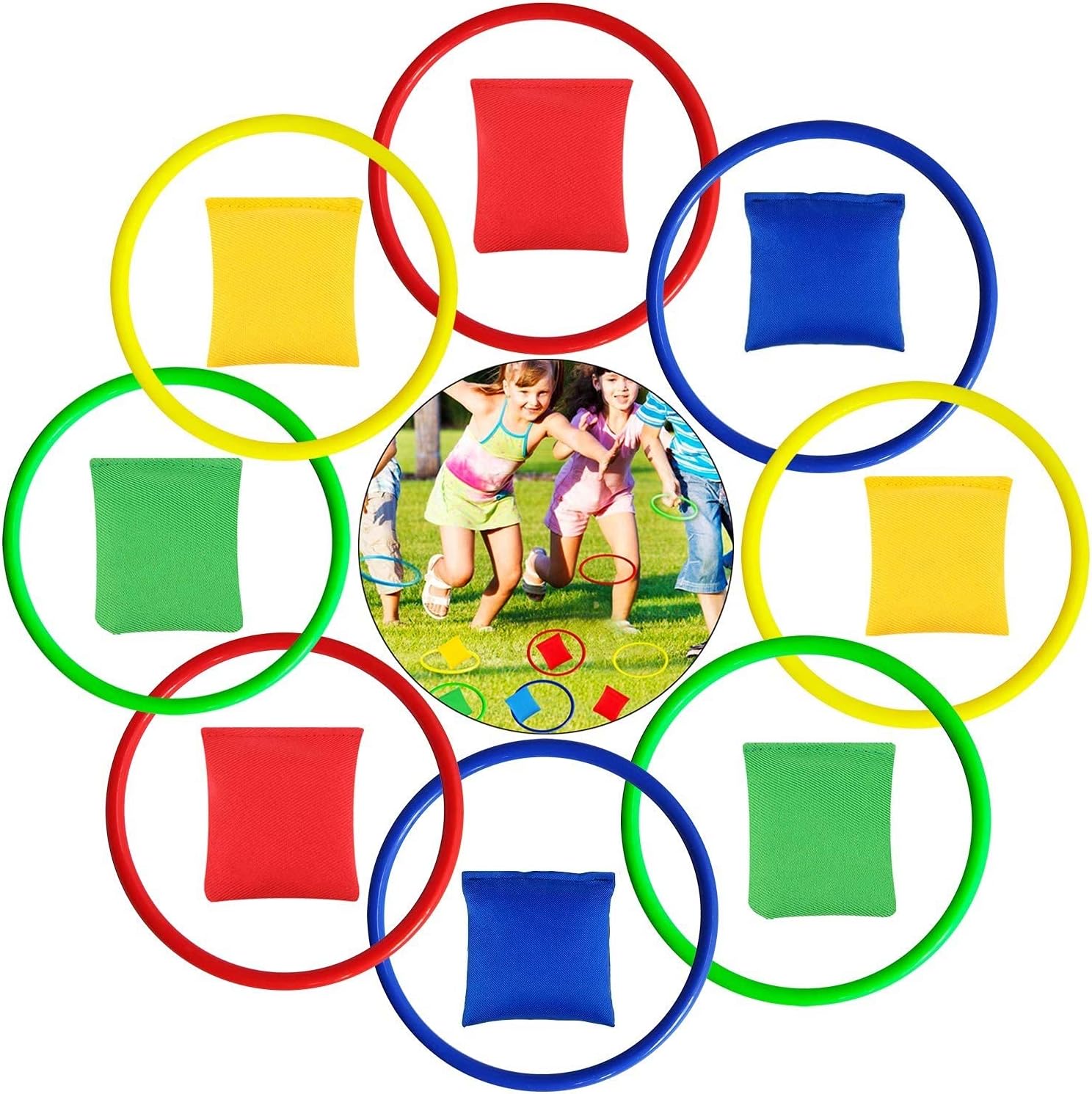 LATERN 16Pcs Nylon Bean Bags and Plastic Rings, Multicolor Toss Game Sets for Kids Bean Bag Toss Game Garden Backyard Outdoor Games Speed and Agility Training Games