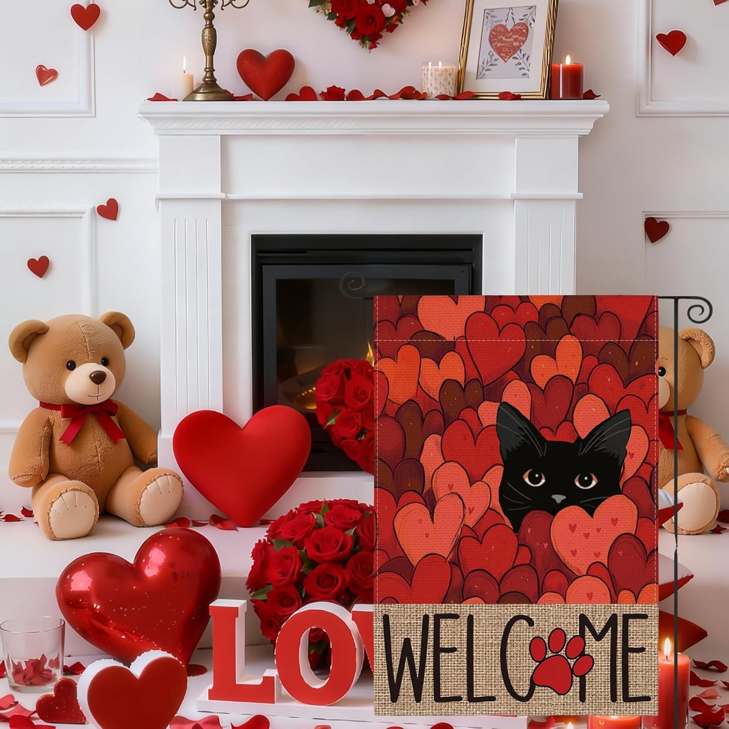 Valentines Day Garden Flag, Black Cat Garden Flag, 12x18 Inch Red Heart Love Double Sided Outside Welcome Me Yard Outdoor Flags - Image 3