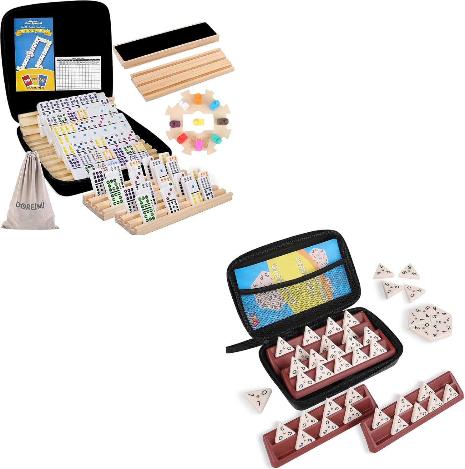 Upgraded Mexican Train Dominoes Set with Wooden Hub and 8 Racks/Trays+Triangle Domino Set Includes 4 Plastic Racks