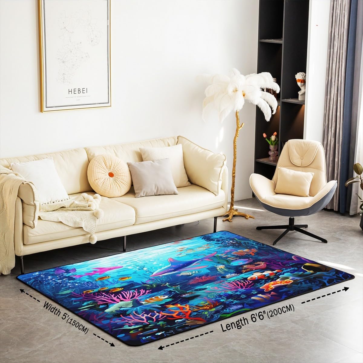 Feelyou Kids Shark Area Rug 3x5 Ocean Sea Animal Living Room Rugs for Boys Girls Sea Underwater World Decorative Carpet Set Coral Coralline Indoor Floor Mat