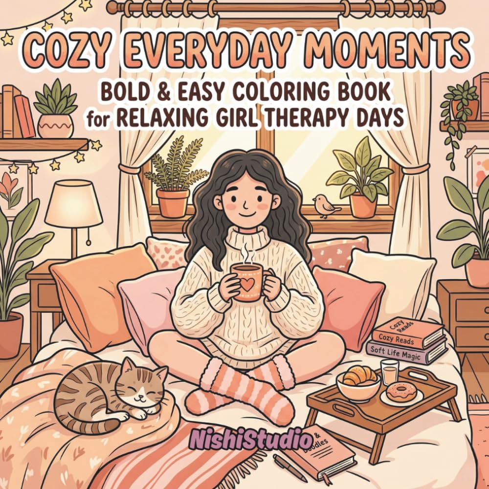 Cozy Everyday Moments: Bold & Easy Coloring Book for Relaxing Girl Therapy Days: Simple, Cute & Stress-Free Pages of Coffee in Bed, Journaling, Lazy Sundays, Tea with Pets & Soft Life Rituals