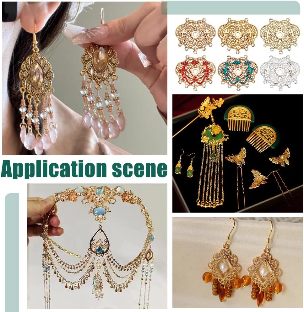 PH PandaHall 36pcs 6 Colors Chandelier Component Links Charms, Vintage Earring Chandelier Filigree Pendants Findings Cloud with Phenix Connector Cabochon Settings for Craft Jewelry Making, 3.7x4.1cm - Image 2