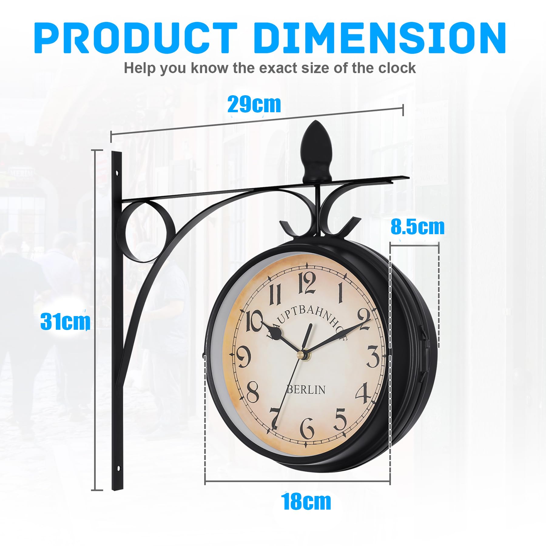 Samger - Reloj de pared de doble cara retro con soporte, 18 cm, estilo retro con batería, reloj de estación de tren Nueva York, reloj de metal, color negro