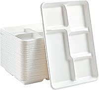 Vplus 100% Compostable 5-Compartment Bagasse Plates, 100 Pack - 12.5x8.6" Eco-Friendly Disposable Lunch Trays for Parties, Buffets & Schools
