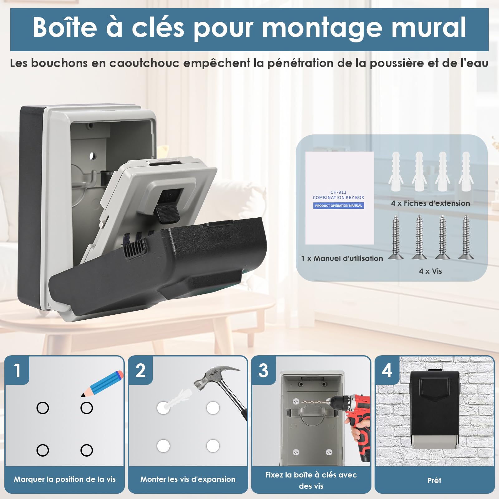 Boîte à Clés avec Code & Éclairage – Boite A Clef Murale sécurisée en Alliage d’Aluminium, étanche & résistante aux intempéries – Boite A Clefs Securisee Exterieur pour Maison, Garage & Bureau