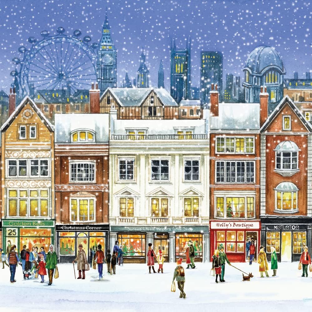 Museums & Galleries Pack of 5 Artistic Christmas Cards, Christmas Shopping in London, Illustrated Design by Fiona Osbaldstone