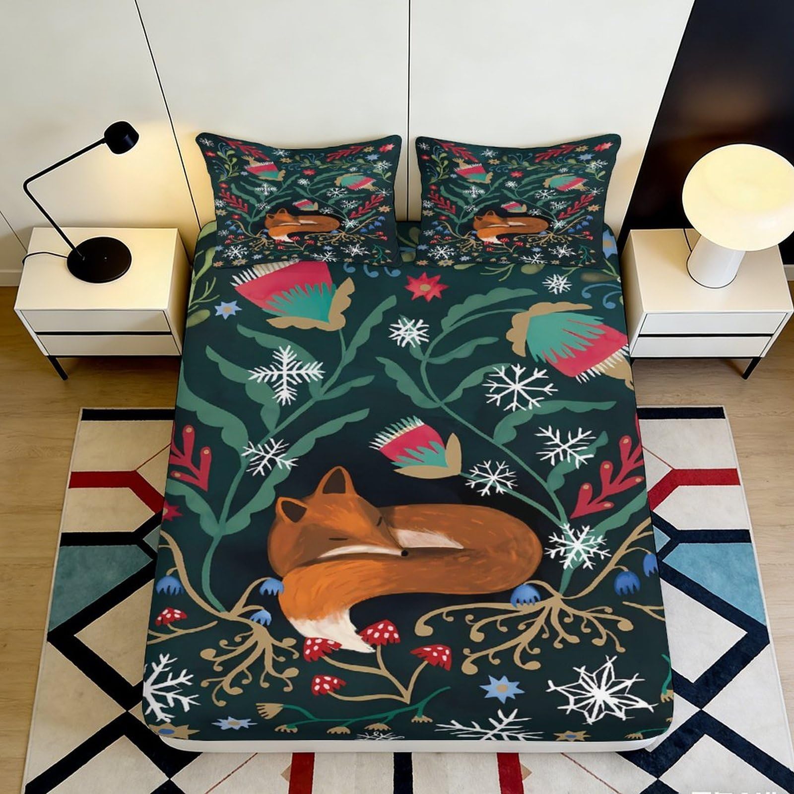 3D Printed Fox Forest Fitted Sheet Microfiber Soft Woodland Animal Bed Cover for Bedroom Guest Room Decor 90x200x25cm