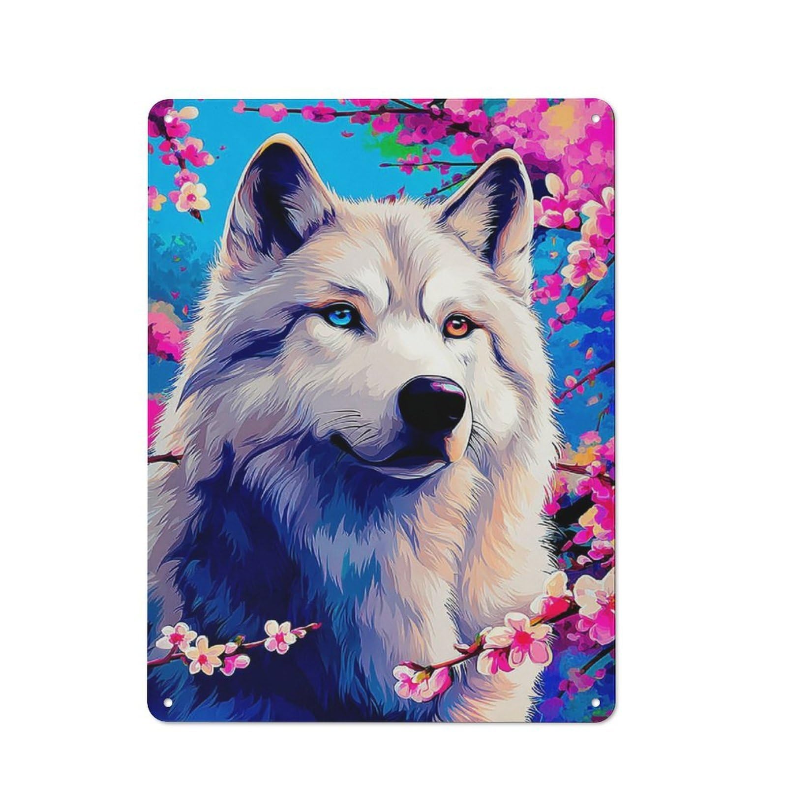 Junmoney Colorful Wolf With Blossoms -1 Vintage Tin Sign 40X30cm For Guest Room Or Hallway, Suited To Home Decor Collectors