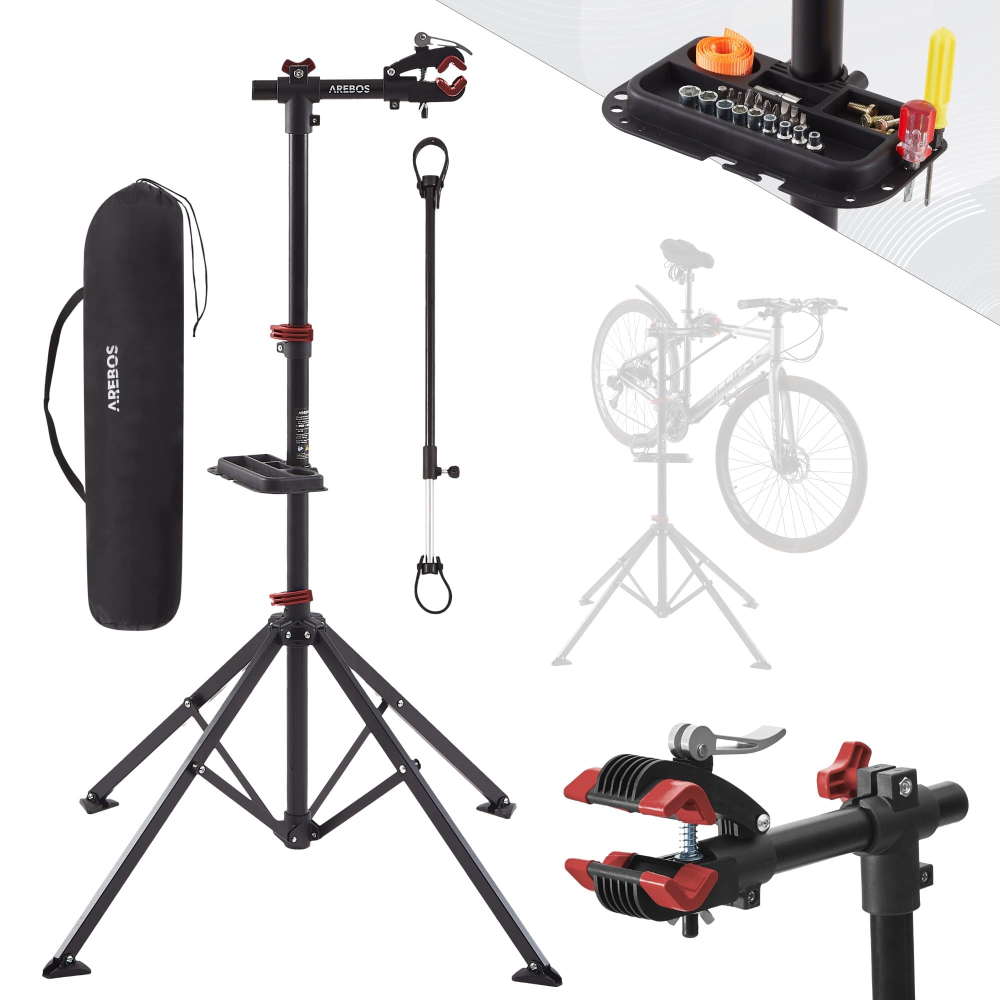 AREBOS Support de Montage Professionnel pour Vélo | Pour VTT et Vélo Électrique | Rotatif 360° avec Dispositifs de Libération Rapide | Support Charges Lourdes + Sac | Noir/Rouge