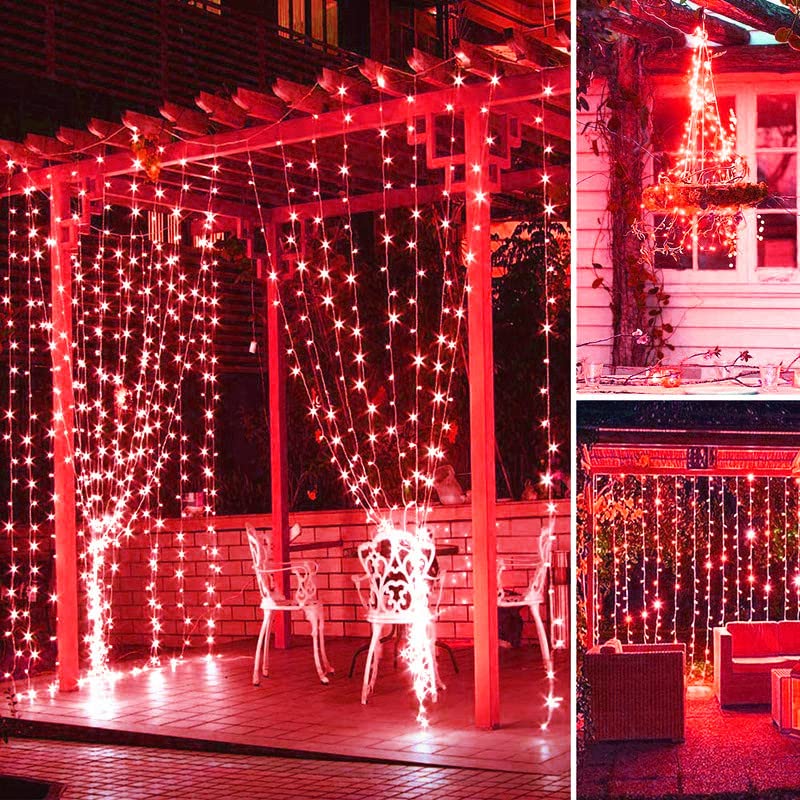 QQY Solar Curtain Light, 3m x 3m 300 LED 8 Modes Remote Control Waterproof Solar Fairy Lights Outdoor Curtain String Lights for Gazebo Patio Party Festival Decorations (Red)