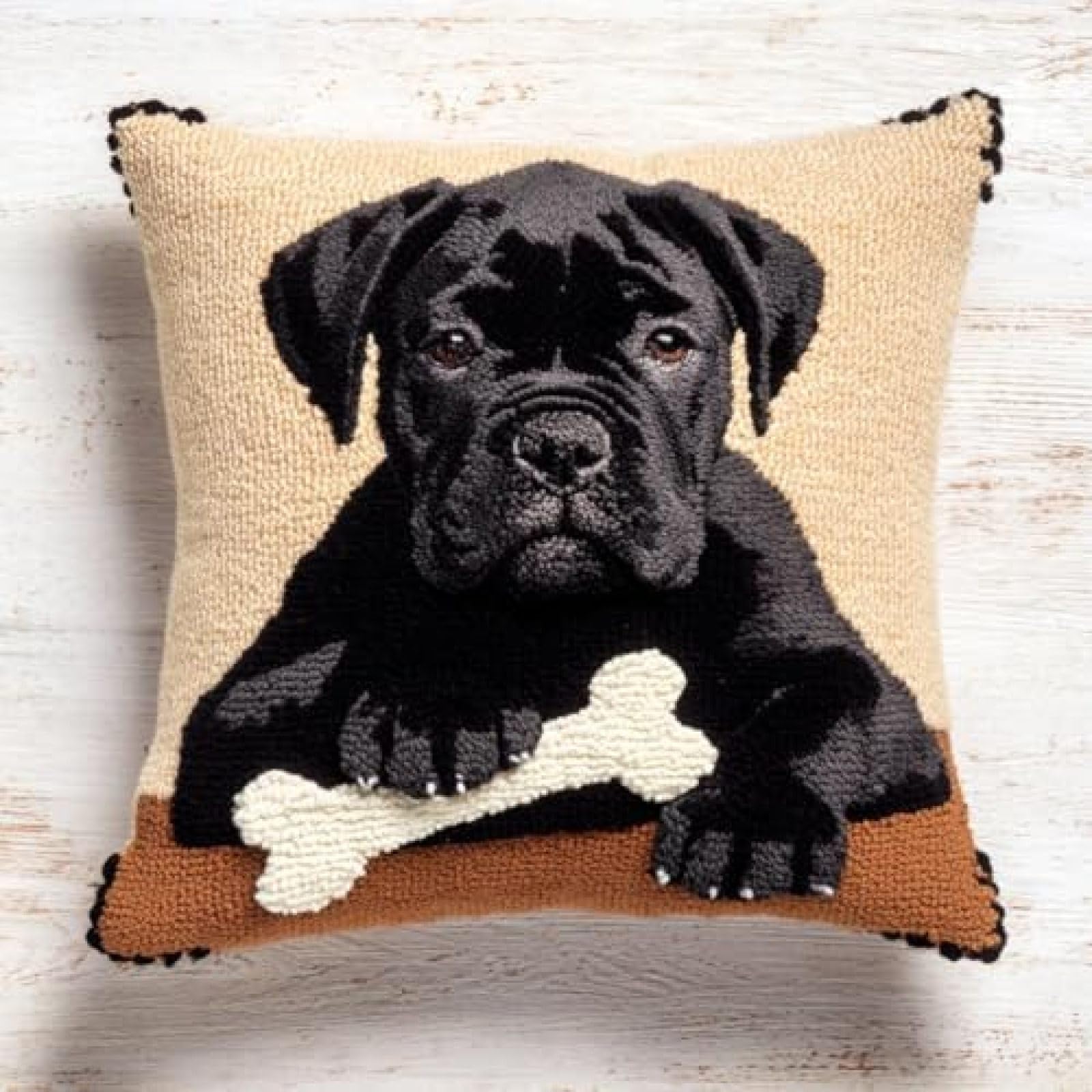 kitphoenix Latch Hook Cushion Kit for Adults,Cane Corso Dog and Bone,Beginner Friendly DIY Craft Set with Pre-Cut Yarn,Hook and Printed Canvas,43x43 cm Cushion Cover