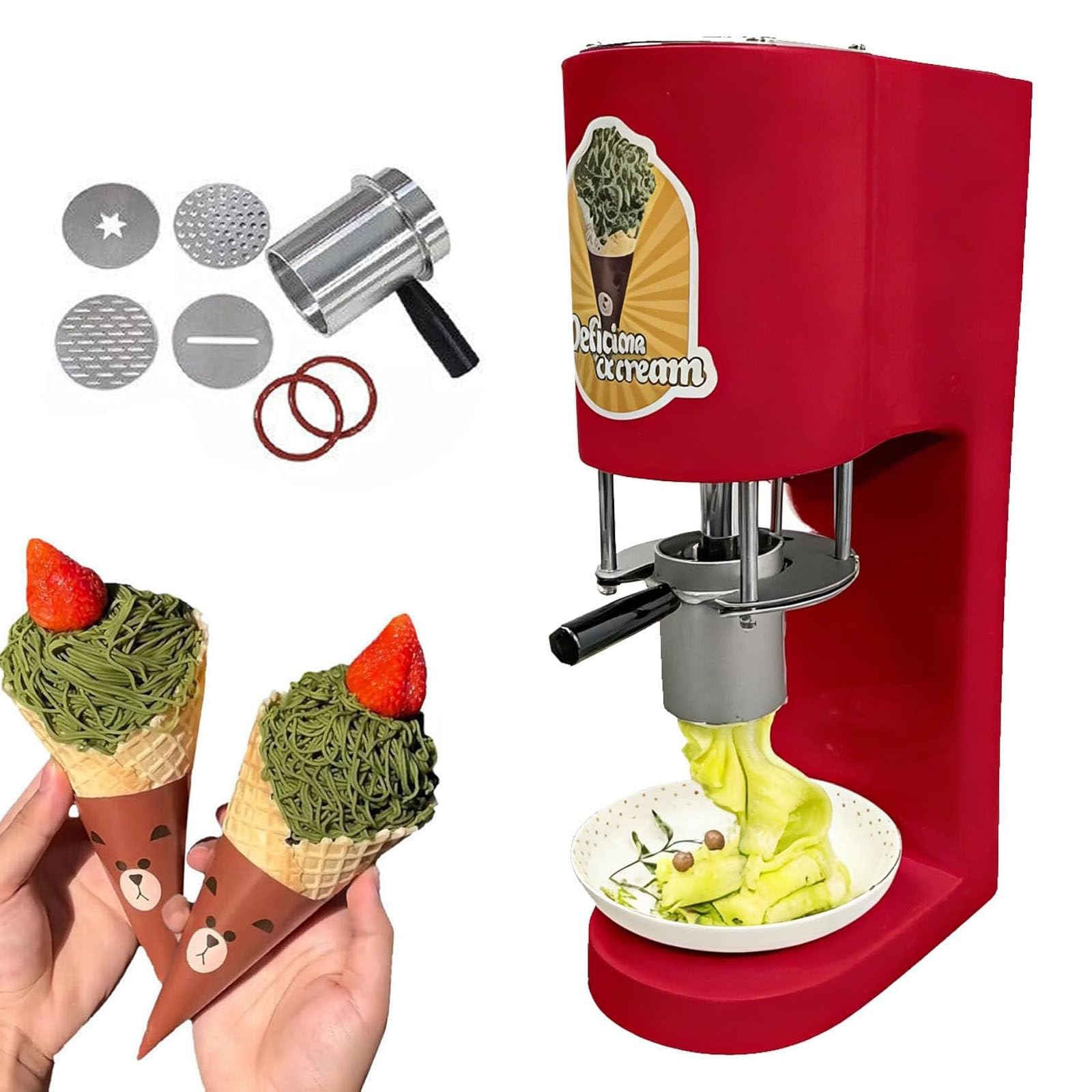 Extrusora Comercial de «Spaghetti EIS» — Robusto Motor de 80 W, Base Estable Que Evita el tambaleo, Prensa 4 en 1 para Helados Tipo fideo, Ideal para heladerías y restaurantes Red