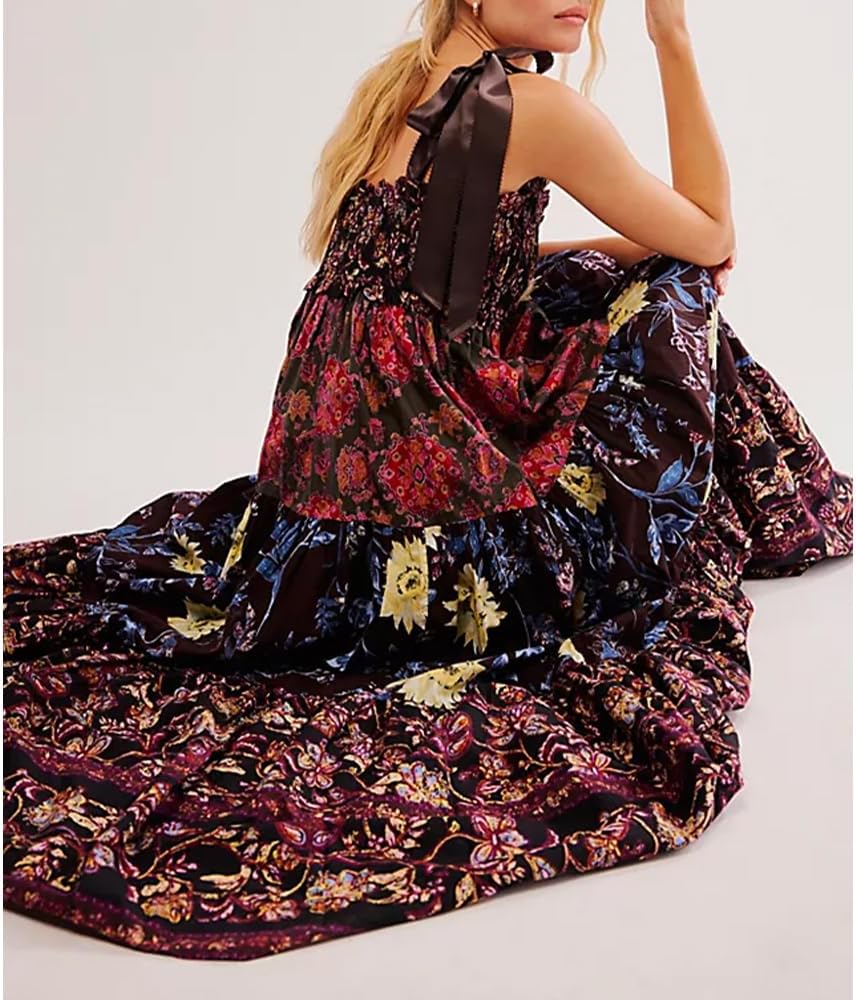 Women Floral Boho Sundress Tie Shoulder Smocked Patchwork Flowy Maxi Dresses with Pockets Summer Fall - Image 4