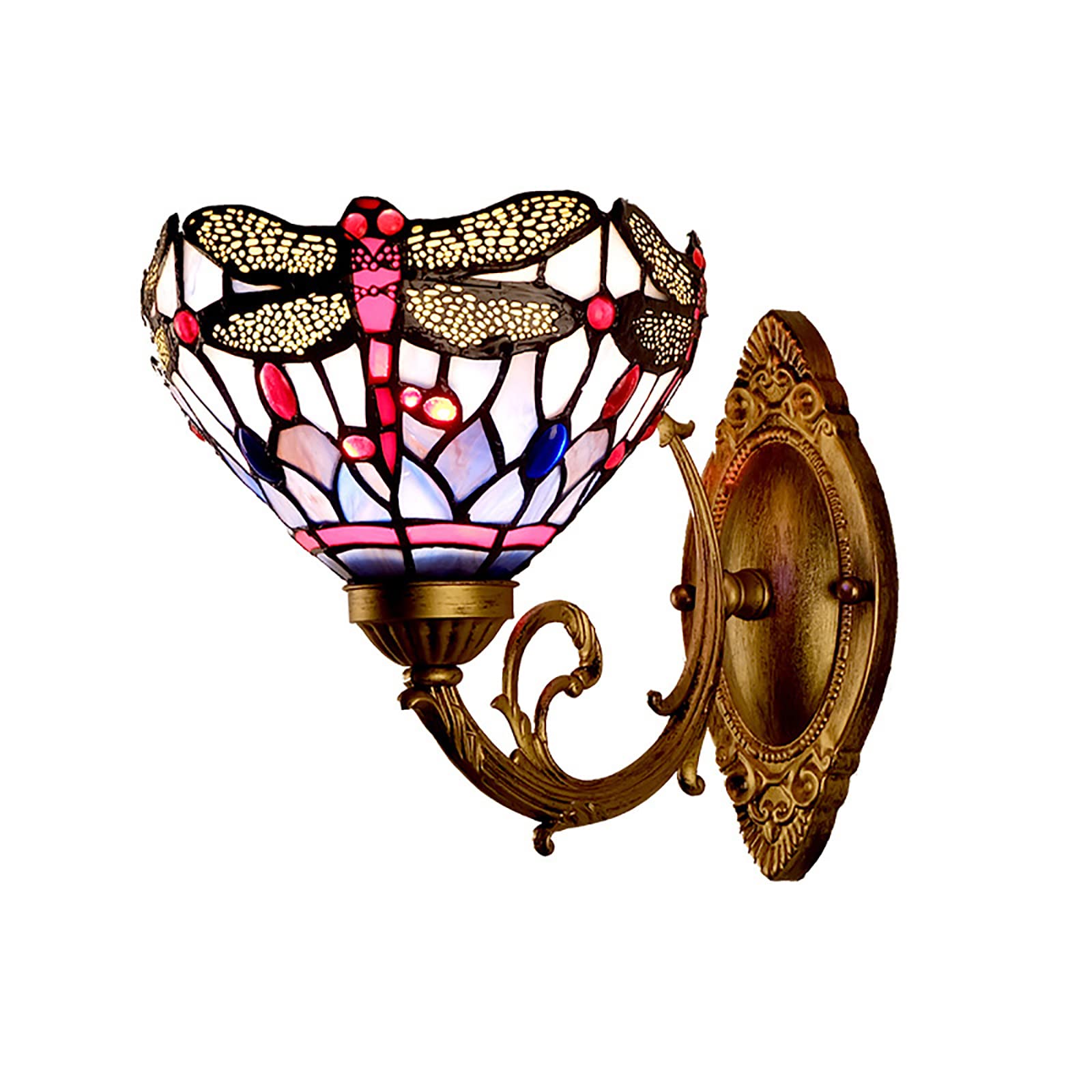 Antigua libélula Estilo Tiffany lámpara de Pared, 8 Pulgadas de Cristal Rojo Perlas de Vidrio de Color Bronce Base de luz de Pared, Estilo rústico Victoriano lámpara de Pared para la Escalera