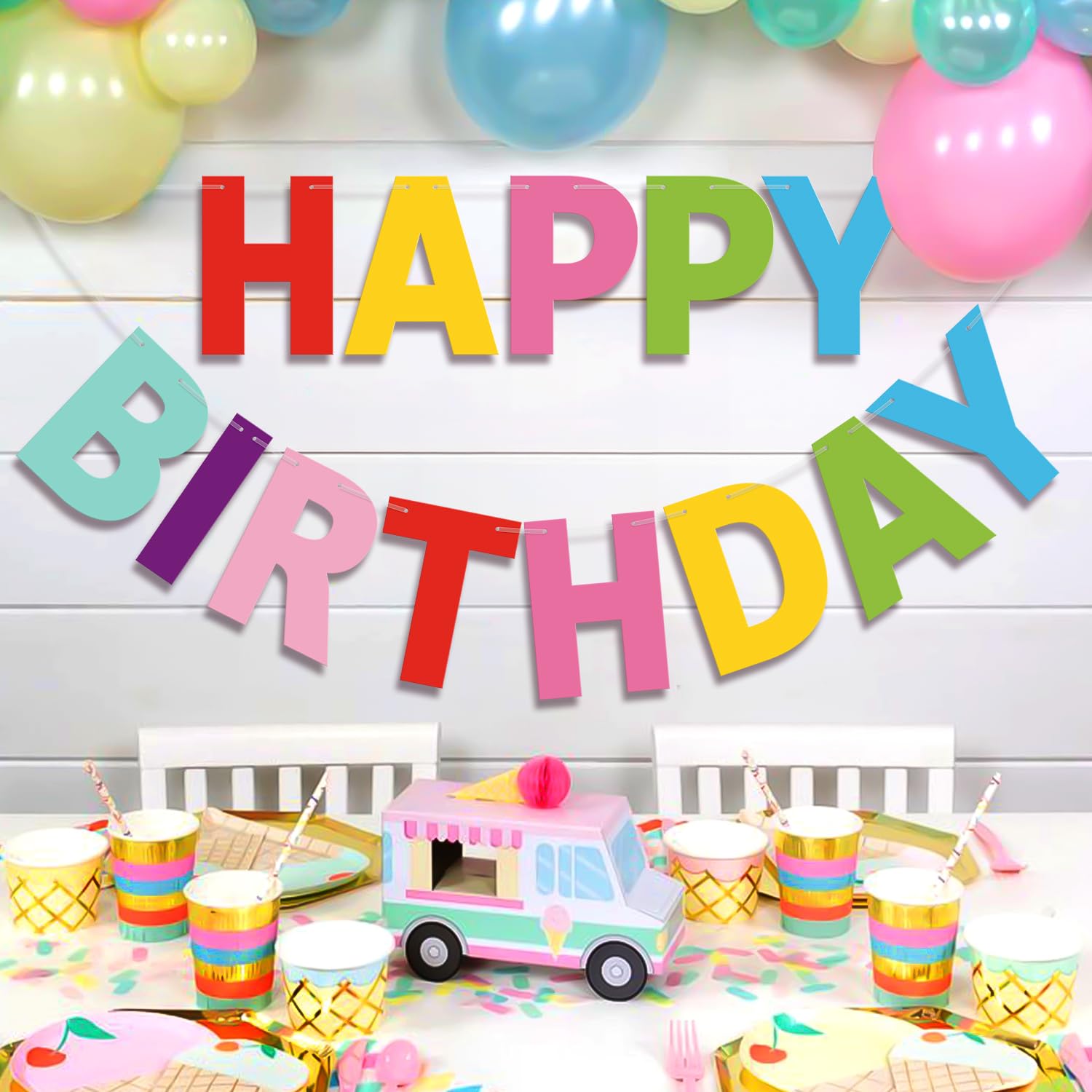 LITAUS, Kolorowy baner "Happy Birthday" – wstępnie nakręcony, 2,7 m, bez majsterkowania, znak "Happy Birthday", dekoracja urodzinowa, baner urodzinowy dla kobiet, dziewcząt, dzieci